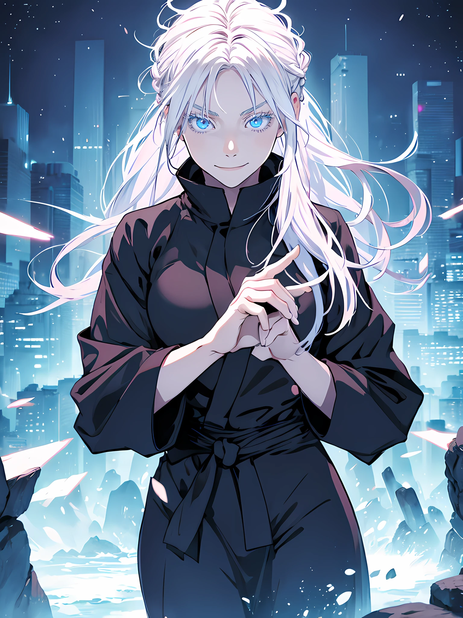 masterpiece, Woman, famale version, female, jujutsu kaisen, solo, alone, happy, smiling white hair, bangs, long hair, white eyebrows, white eyelashes, light blue eyes, glowing eyes, hands wide, t pose, black clothing, fullbody, park, naturepark, high quality, 4k resolution, anime