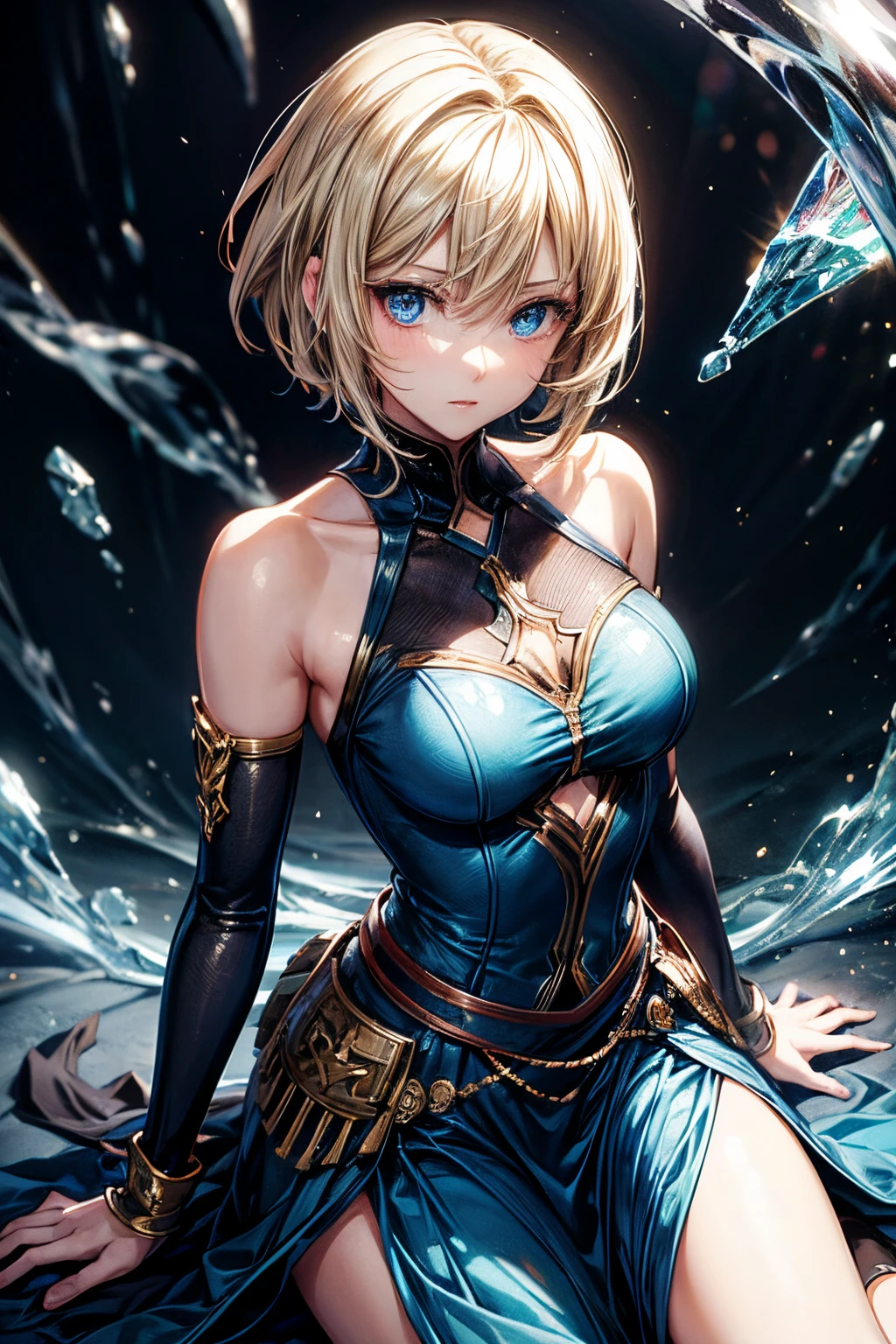 anime, young woman, solo, short hair, blonde hair, blue eyes, model, blue dress, beautiful, half body potrait, fantasy, ice