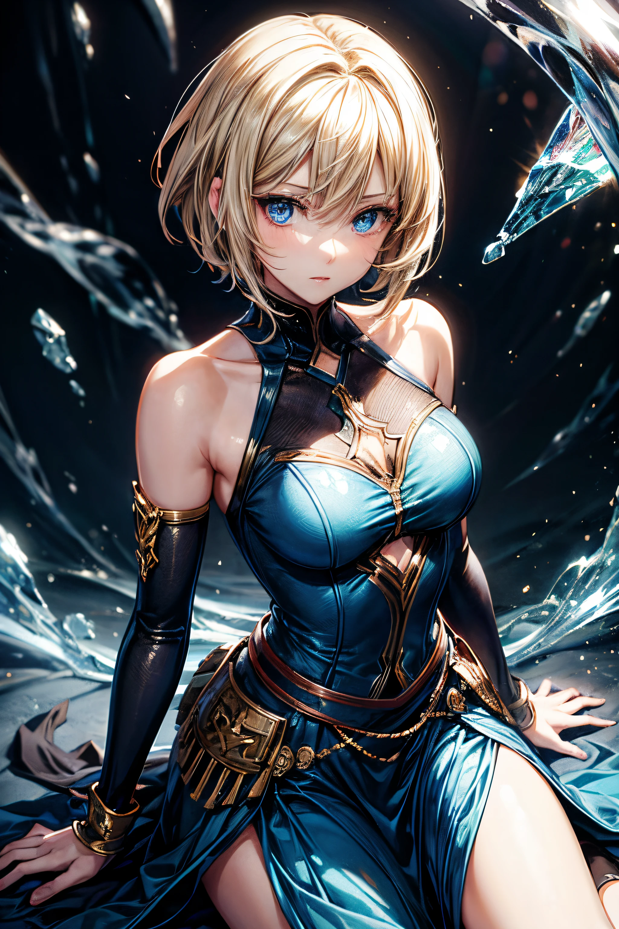anime, young woman, solo, short hair, blonde hair, blue eyes, model, blue dress, beautiful, half body potrait, fantasy, ice
