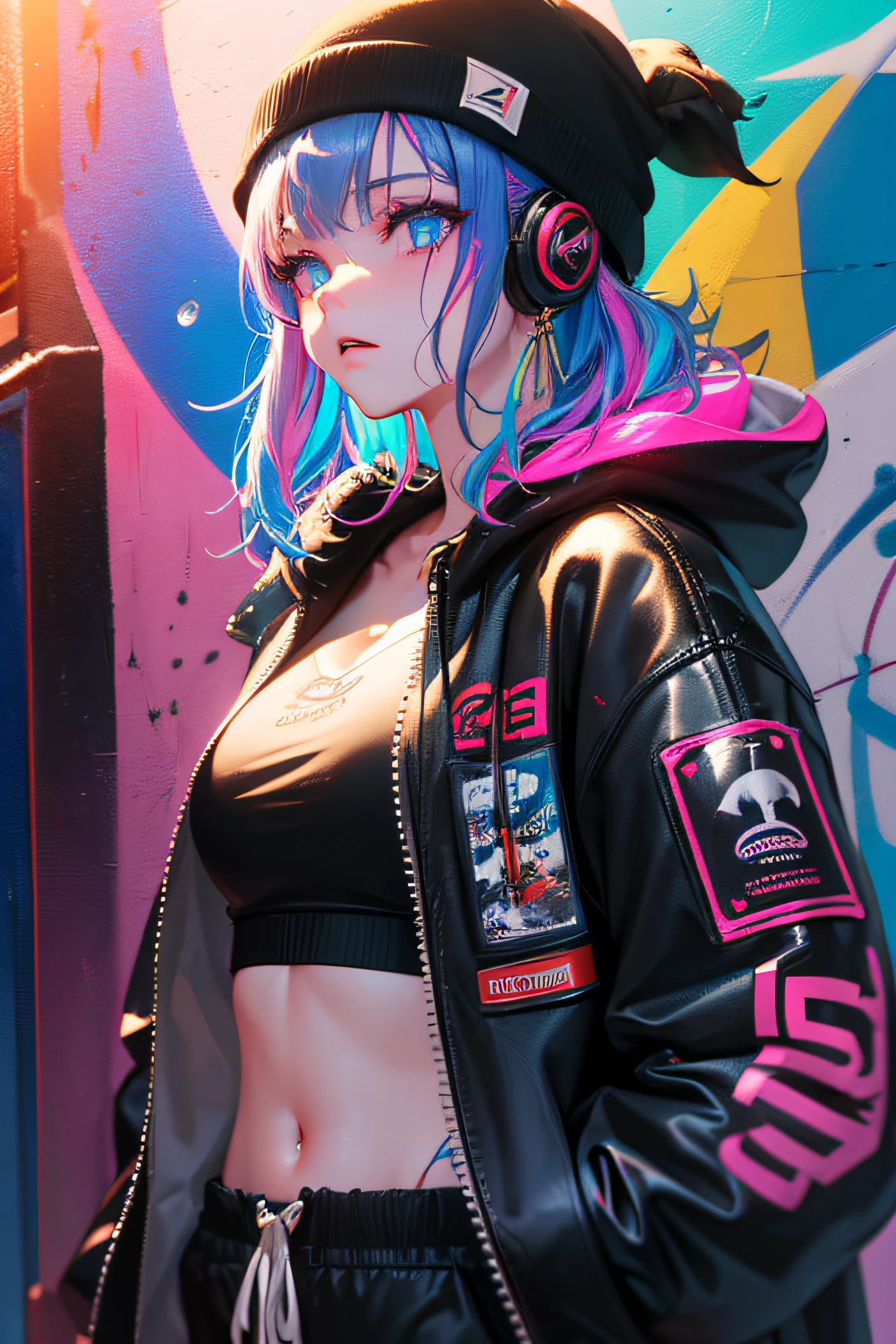 (Masterpiece:1.2), best quality, (illustration:1.2), (ultra-detailed),Eye focus,(Masterfully crafted Glow, pink lens flare), (Cinematic background), hyper details,(delicate detailed), (intricate details), octane render, hdr, (hyperdetailed:1.15), (((colourful))),(soft light:1.2), 1girl, beautiful girl, ultra detailed eyes, mature, plump, thick, rainbow painting drops, paint teardrops, man made up from paint, entirely paint, splat, splash, (outside), (bioluminescent hair:1.1),(glowing eyes), ((makeup)),(Cinematic masterpiece), fierce, powerful, splashes of colour absolutely eye-catching, (Cinematic headlight), (realistic bounce lighting:1.2),((caustic)), dynamic angle, beautiful detailed glow, ambient occlusion, ambient light, raytraced reflections,(best illumination, an extremely delicate and beautiful), ((cinematic light)), (soft:2), (whimsical:2) , intricate background, vibrant, dreamscape, (painting graffiti:1.3), (glowing tail), (painted city landscape), (Urban),(realistic urban fashion), (expressive:1.2), good form, athletic , (mirrored world), (long flowing black hair:1.1), wavy hair, (colourful hair highlights),(Cyberpunk Techwear Japanese Streetwear Longline Hoodie),(Cyberpunk Streetwear Kanji Joggers), glowing headphones, beanie, (graffiti wall), unfinished graffiti, ghetto,(looking at wall:2),black hoodie, (backwall present),(holding spraycan:1.3), (colourful mist), buckles, belts, straps, a girl standing in front of a graffiti wall, cyberpunk art, by LAM, Mika Pikazo, graffiti, techwear jacket, black gloves, with buckle and tape,