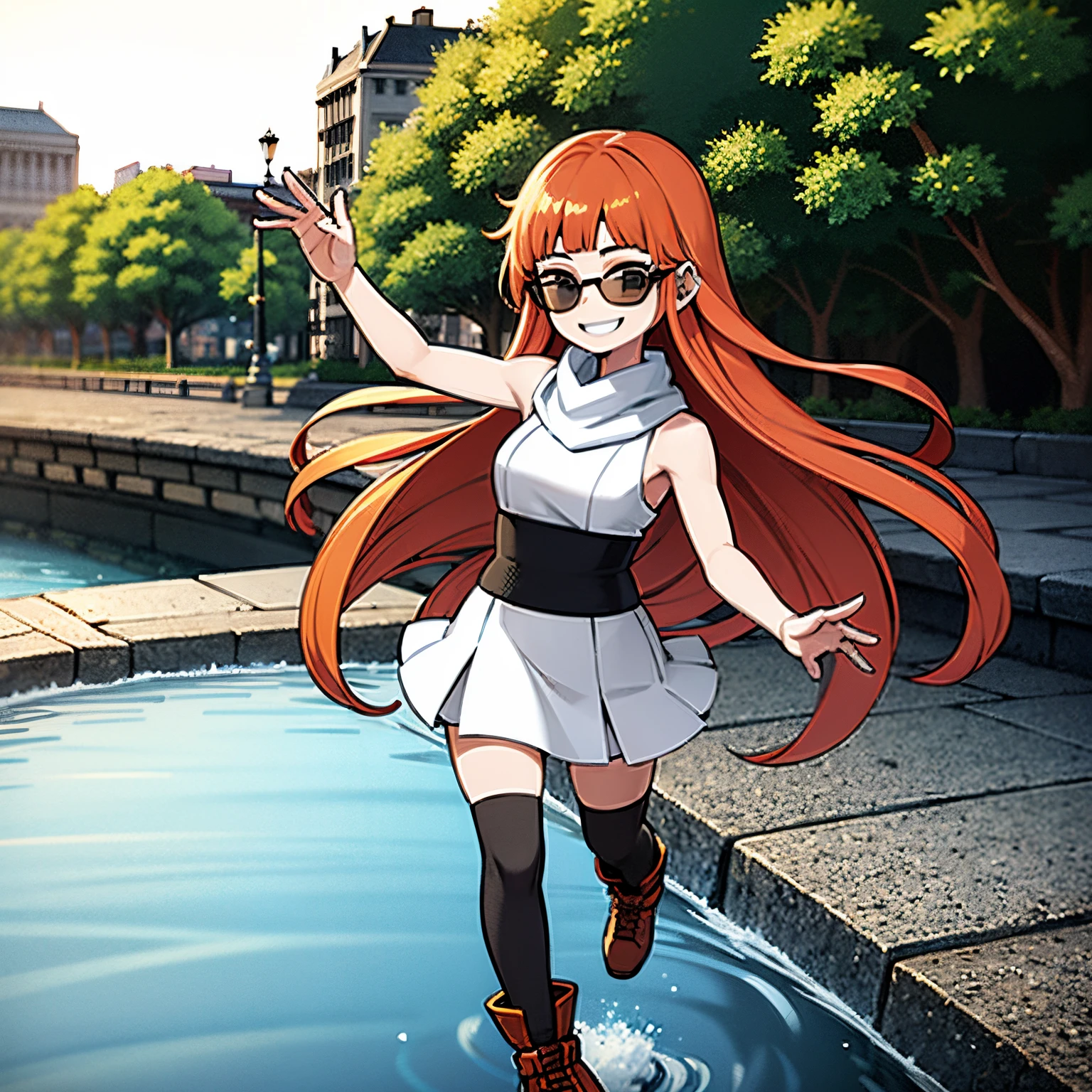 Young girl, orange hair, wearing black scarf, white dress, black boots, wearing sun glasses, in europe, london streets, tourist, tamisa river in background, smilling, full body in art, 4k, masterpiece, good anathomy