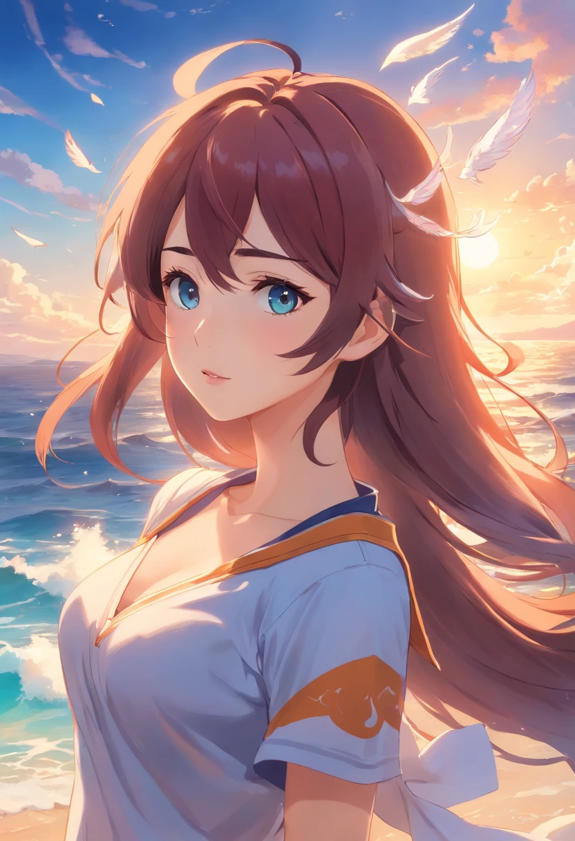 Irelia,sea,beautiful detailed eyes,beautiful detailed lips,longeyelashes,flowing hair,goddess-like appearance,confident stance,tidal wave crashing,sparkling water,seagulls flying,breezy atmosphere,sandy beach,sunlight glistening,portrait,highres,photorealistic,vibrant colors,soft pastel tones,accentuated features,luminous lighting
