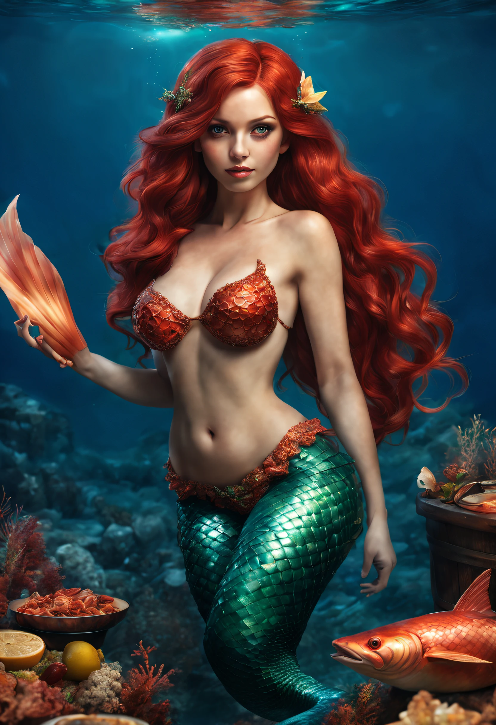 A Fantasy Full Body Red Hair Meremaid with a Barbecue in the ocean , under the sea, Perfect body, perfect Face, Perfect Mermaid Tail, detailed and Intricicated, HD