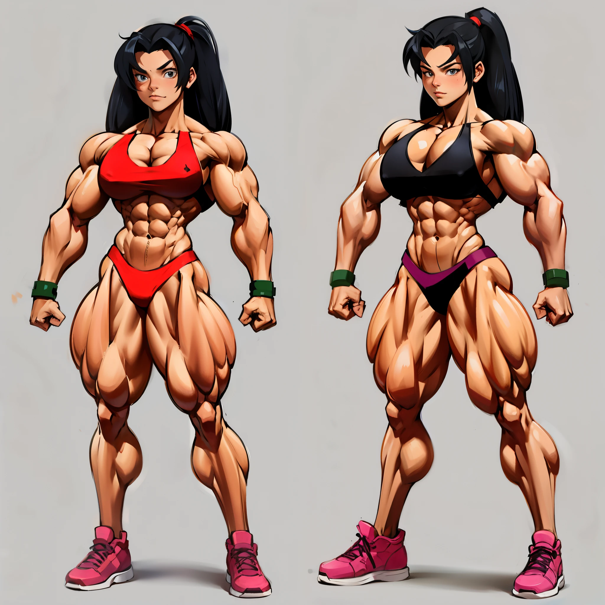 un gros plan deux personnages dessins animés d'une femme avec des muscles, Muscular characters, exaggerated physique, feminine and muscular, Muscular girl, Muscular warrior women, muscular character, exaggerated muscle physique, femmes corps entier, musculaire!!, Femme culturiste, Muscular ultraviolent woman, Bodybuilder Superhero Bikini, Very detailed cartoon, muscles massifs, musculaire!, Muscular bodies