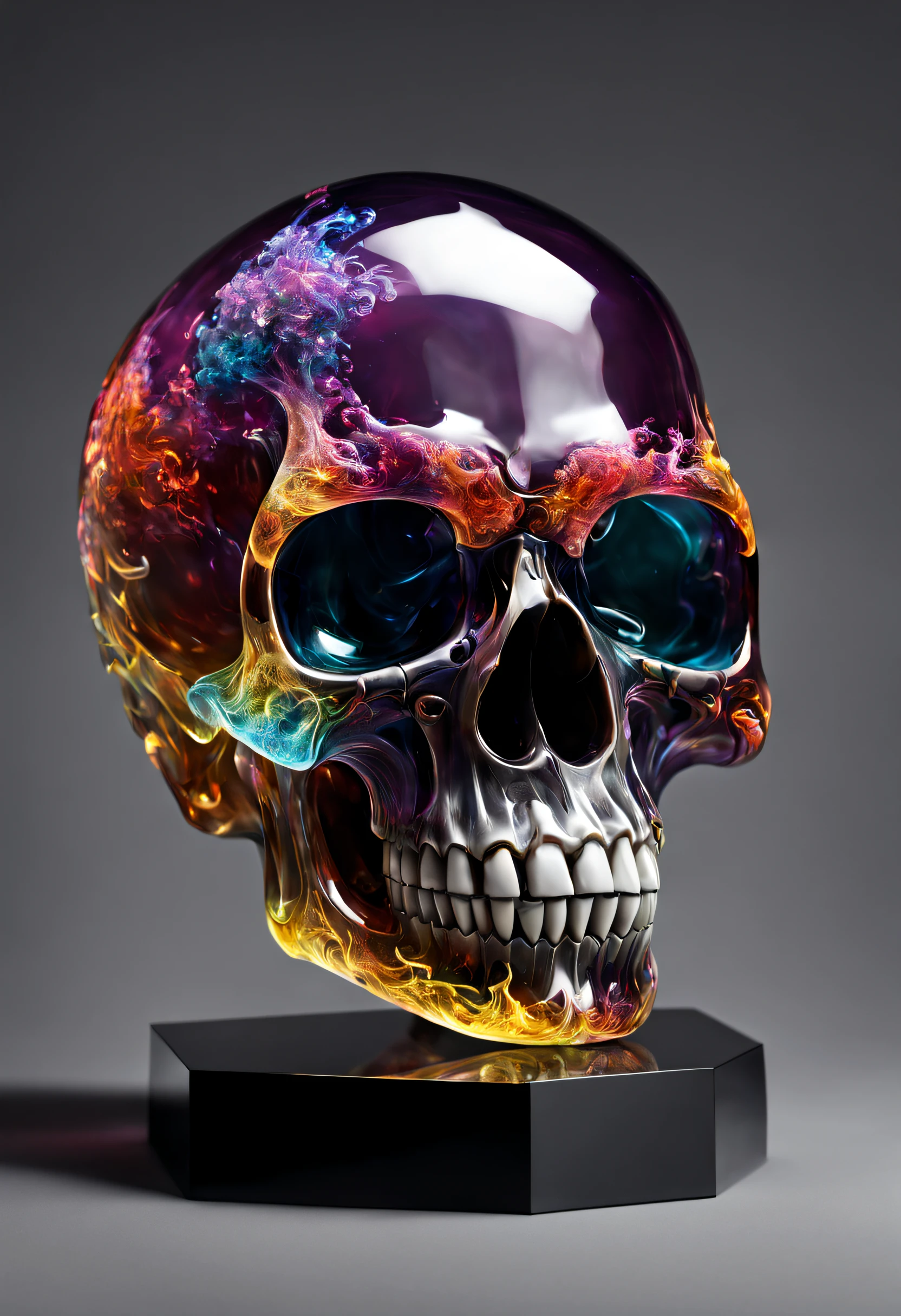 A realistic colored glass skull, beautiful and detailed. Which explodes when falling to the ground, the projections are textured like lot of colorful dreaming dust