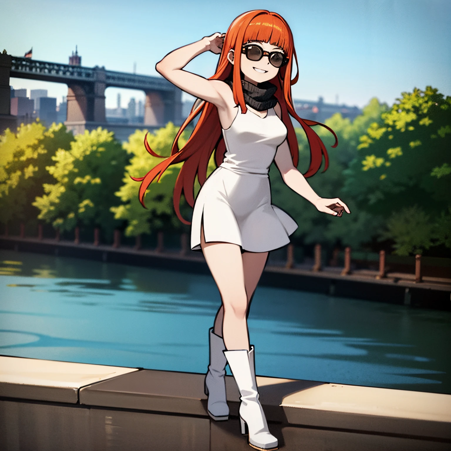 Young girl, orange hair, wearing black scarf, white dress, black boots, wearing sun glasses, in europe, london streets, tourist, tamisa river in background, smilling, full body in art, 4k, masterpiece, good anathomy