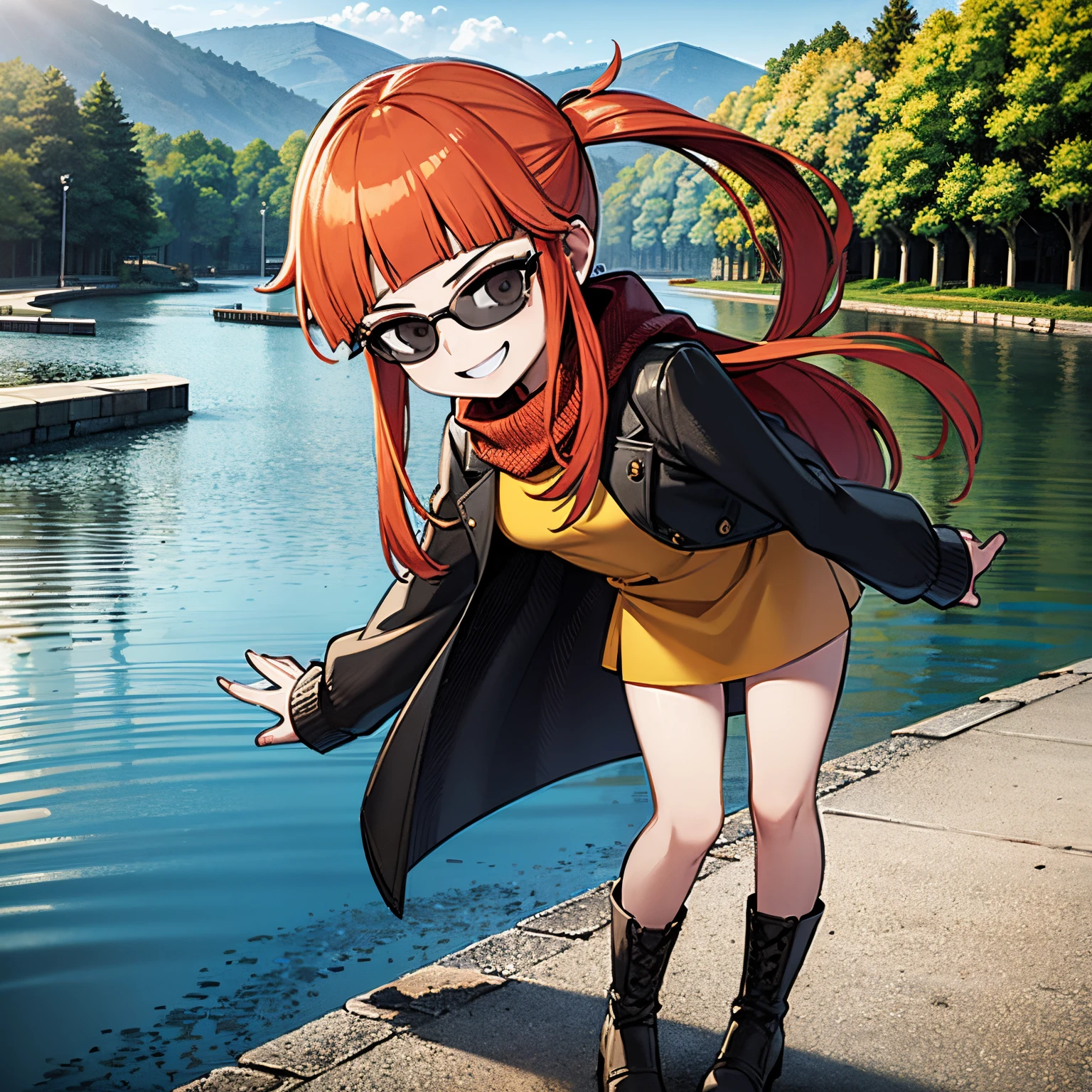 Young girl, orange hair, wearing black scarf, white dress, black boots, wearing sun glasses, in europe, london streets, tourist, tamisa river in background, smilling, full body in art, 4k, masterpiece, good anathomy