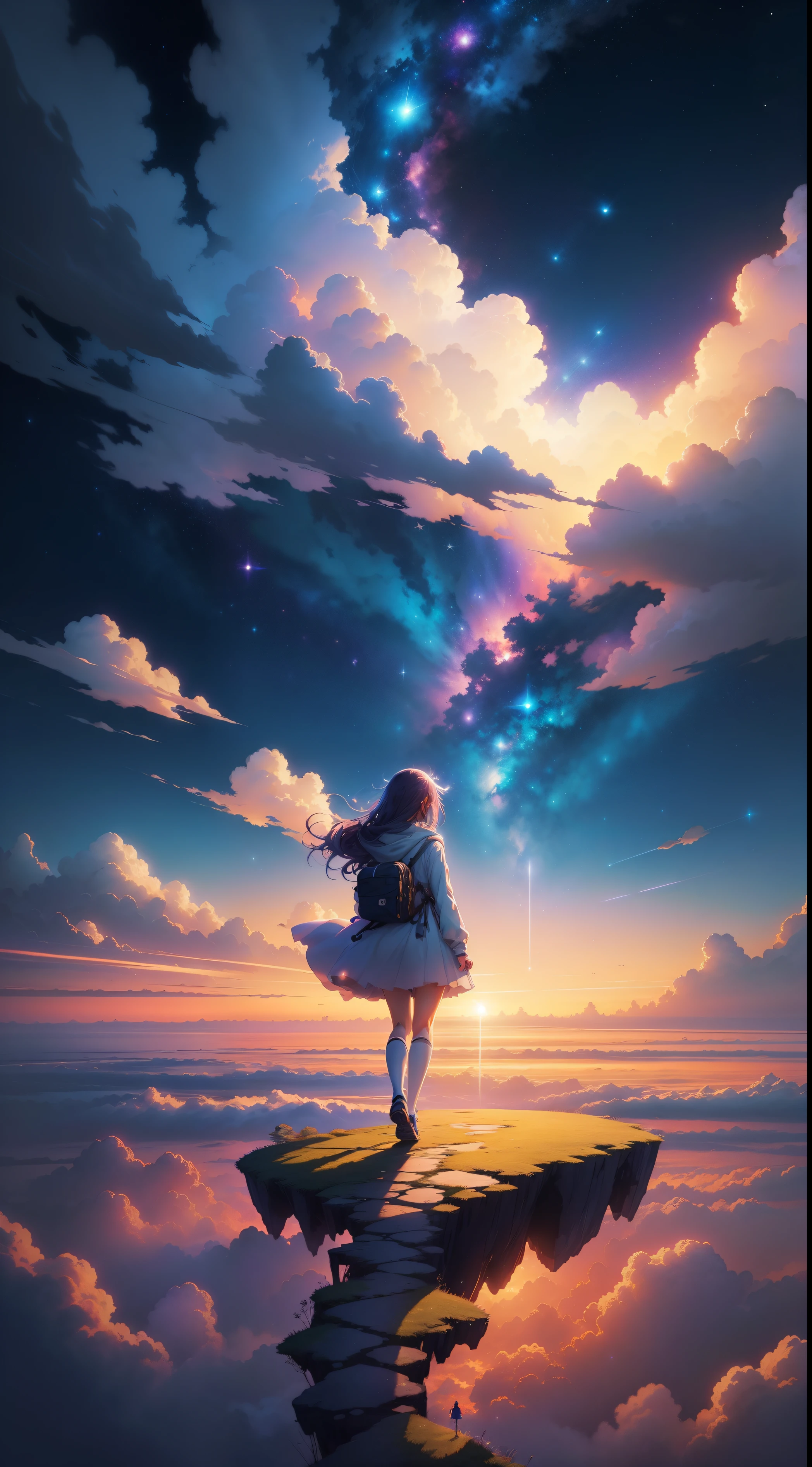 anime girl walking on a path towards a beautiful sky with a star, she is approaching heaven, sitting on the cosmic cloudscape, girl looks at the space, dreamlike digital painting, makoto shinkai cyril rolando, cosmic skies. by makoto shinkai, endless cosmos in the background, lost in a dreamy fairy landscape, girl clouds, dreamlike atmosphere