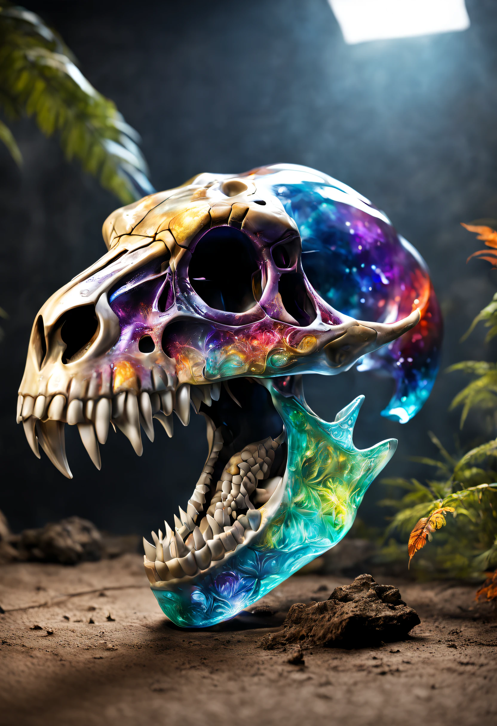 A realistic colored glass t-rex skull, beautiful and detailed. Which explodes when falling to the ground, the projections are textured like lot of colorful dreaming dust