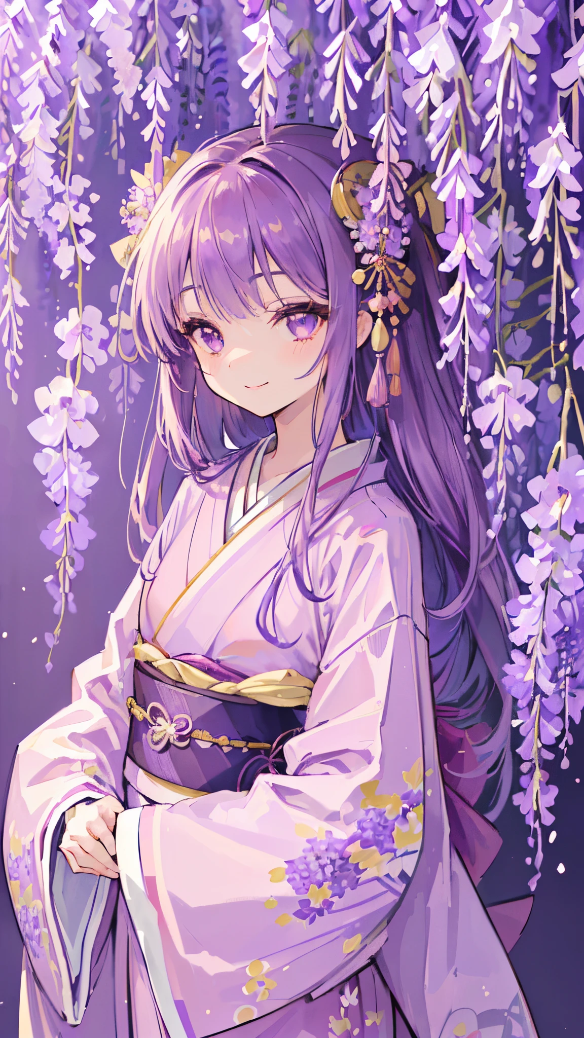 (((8K))), (((hight quality))), (((high-level image quality))), (((smile))), (((hight quality wisteria flowers background))), (((mauve hair))), (((mauve eyes))), (((18 years old))), (((illustration))), (((mauve light particles))), (((mauve kimono))), (((mauve Japanese clothes))),