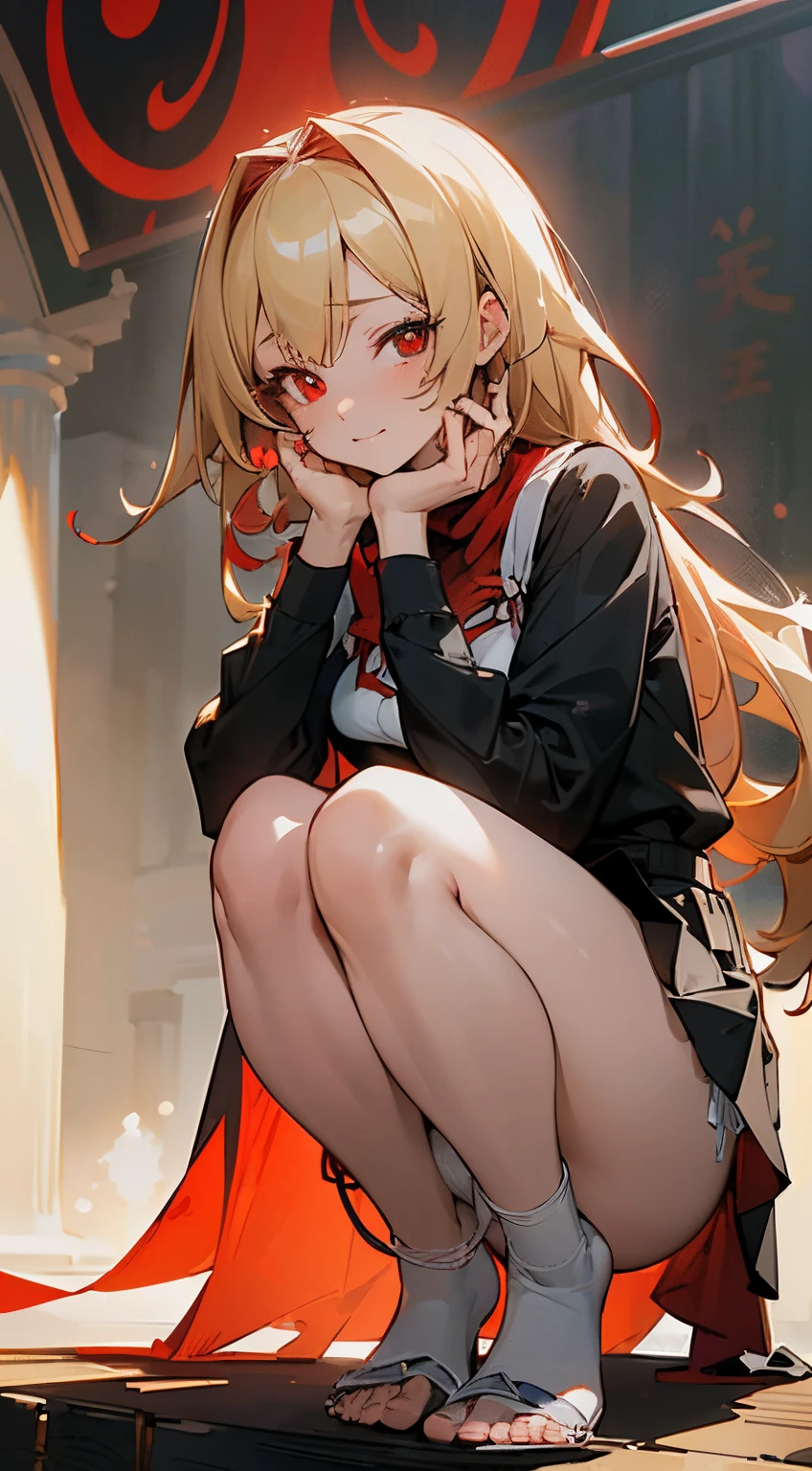 Blonde long hair, (Red eyes:1.5), Take off your dress, attach long sleeves, black dress, Skirt, Pleated skirt, Black skirt, Naughty big、small breasts、looking at the viewers, BREAK (masutepiece:1.2), Best Quality, High resolution, Unity 8k壁纸, (Illustration:0.8), (Beautiful detailed eyes:1.6), extra detailed face, Perfect Lighting, extremely details CG, (Perfect hands, Perfect Anatomy),A smile, closed mouth、(white panties:1.3)、(Fully exposed panties:1.5)、(Squatting:1.3), plein air、in bad、(sox:1.3)、独奏