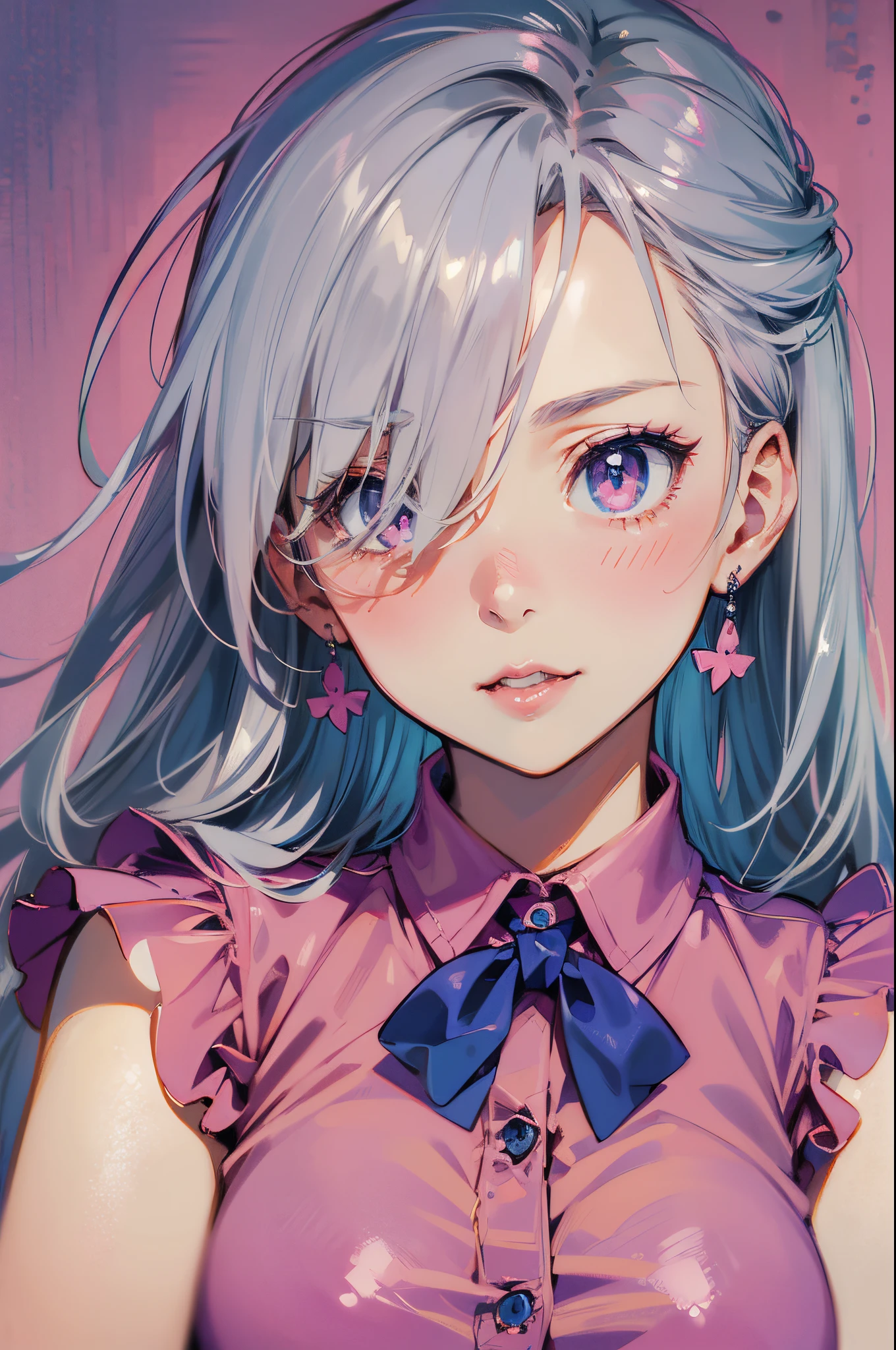 ((Face Portrait)),  Masterpiece, Best Quality, High Resolution, Elizabeth, 1girl, Jewelry, gray eyes, blue bow, Silver Hair, Hair over one eye,((Pink Shirt)), Sleeveless, midriff