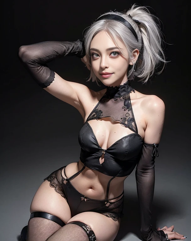 ((Masterpiece, 8K, photorealistic, ultra realistic):2.0), ((1girl):1.9), wide shot,
_
European ig idol, 24 years old, 170 cm, ((medium large breasts:1.6)), ((slender waist, toned thighs, toned arms):1.6)),((carvy medium hips)), ((small head, small face:1.5)), diamond Face, small nose, (small mouth), Sharp Faceline,
_
BREAK all body, lying, (hand on the head),
_
BREAK ((big eyes:1.3)), ((Double eyelid, tareme, droopy eyes):1.6), ((smile:1.4)),((small lips, teeth:1.3)),(White teeth), ((gray hair:1.2)), ((short hair:1.2)), (ponytail), (asymmetrical hair), (Aqua eyes:1.2), natural makeup, thin eyebrow, shiny skin, detailed skin, (detailed face), perfect eyes, (ultra-detailed eyes:1.3), shiny hair,
_
BREAK (black theme and White), Inorganic, concrete studio with small window, in the night, (blur background),
_
BREAK ((Lace Bodysuit and Shorts,
Black lace bodysuit with a plunging neckline,
High-waisted shorts for a playful touch,
Thigh-high boots and fishnet stockings, Black of Caligraphy Embroidery
Cat ears headband and tail accessory,
Collar with a bell, fingerless gloves, smoky eye makeup)), (silver earring, silver bracelet, silver necklace:1.2), perfect costume, ultra-detailed costume,
raw photo, look at viewer, Focus face, front lightning, Cinematic lighting,
