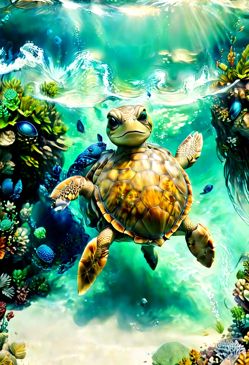 (best quality,4k,highres,masterpiece:1.2),ultra-detailed,(realistic,photorealistic:1.37),turtle,ocean,cat face,diving,water,swimming,turtle shell,waves,sparkling water,serene atmosphere,blues and greens,underwater world,peaceful,graceful movements,wonderful combination,harmony between nature and animals.