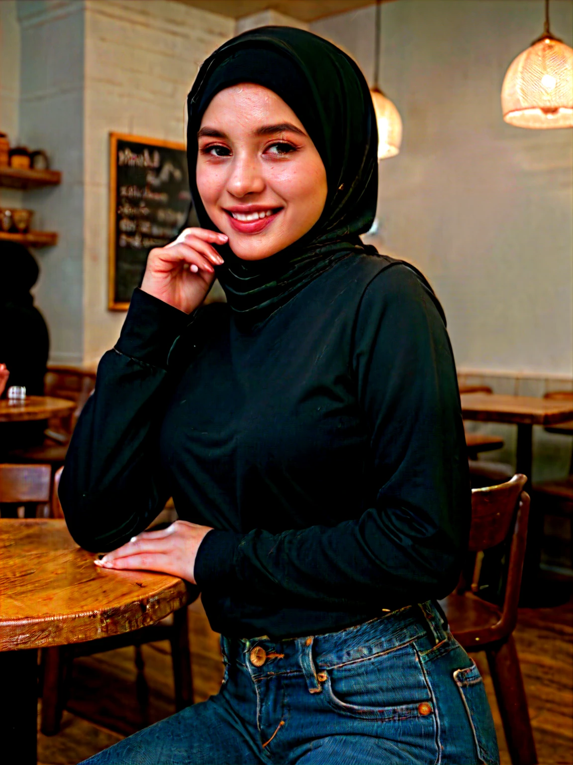 Photoshoot of a girl, busty body, stunning gorgeous face, smiling, (skin pores), wears black hijab, wears long sleeve, wears jeans, in a cafe, cute pose, highly detailed, masterpiece, soft diffused lighting, best quality