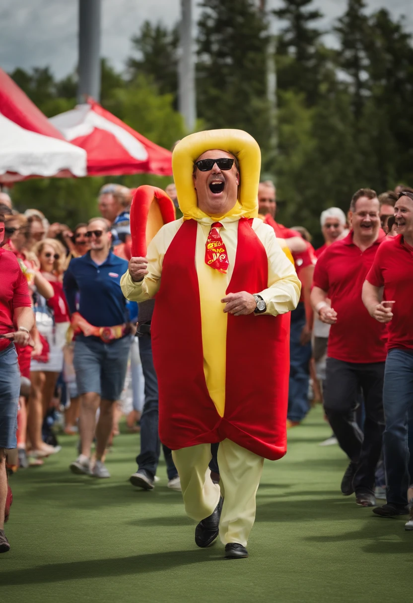 A photo of the CEO of Costco dressed as a costumed hotdog, leading a group of people in a hotdog chant,original,Costco CEO is Craig Jelinek