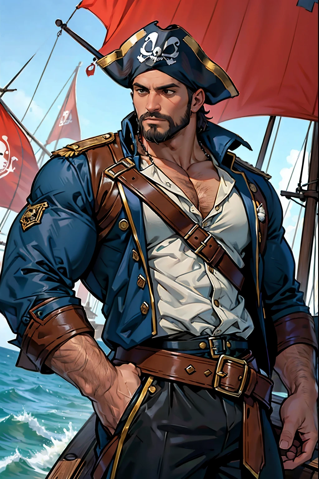 (masterpiece:1.2)、(Best Quality:1.2),(Solo Male:1.5)、40-year-old dad、Muscular men、short-hair、a beard、top-quality,absence、hyper pecs,pirate, pirate uniform, ship,fantasy,