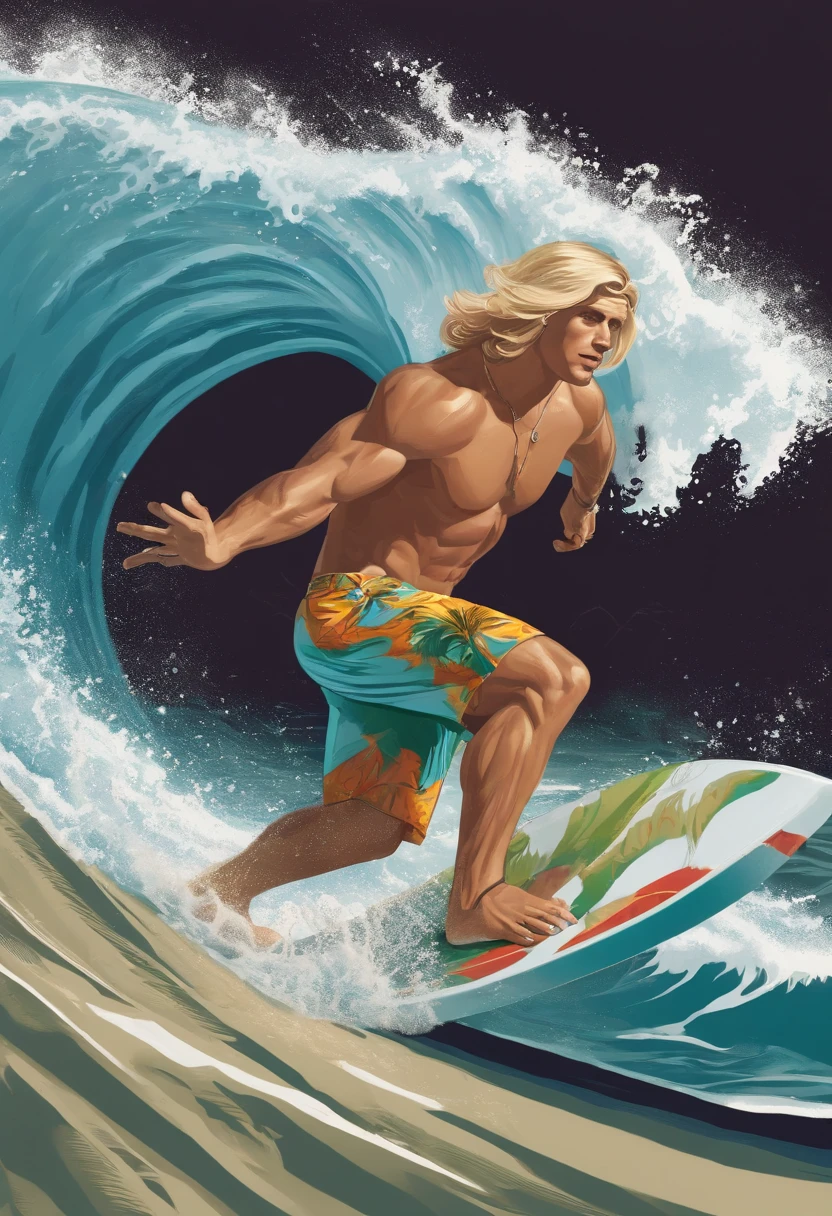 A young muscular white man.  nude .  surfing in the ocean with a seductive pose that clearly shows off his large penis.