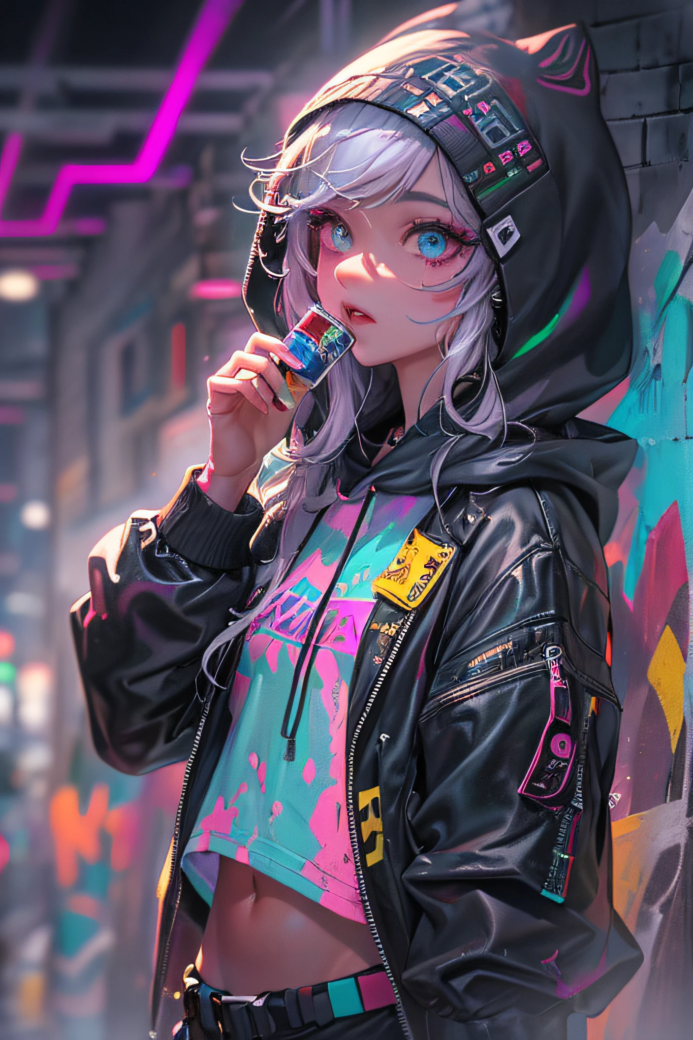 (Masterpiece:1.2), best quality, (illustration:1.2), (ultra-detailed),Eye focus, 1 boy solo (Masterfully crafted Glow, pink lens flare), (Cinematic background), hyper details,(delicate detailed), (intricate details), octane render, hdr, (hyperdetailed:1.15), (((colourful))),(soft light:1.2), 1girl, beautiful girl, ultra detailed eyes, mature, plump, thick, rainbow painting drops, paint teardrops, man made up from paint, entirely paint, splat, splash, (outside), (bioluminescent hair:1.1),(glowing eyes), ((makeup)),(Cinematic masterpiece), fierce, powerful, splashes of colour absolutely eye-catching, (Cinematic headlight), (realistic bounce lighting:1.2),((caustic)), dynamic angle, beautiful detailed glow, ambient occlusion, ambient light, raytraced reflections,(best illumination, an extremely delicate and beautiful), ((cinematic light)), (soft:2), (whimsical:2) , intricate background, vibrant, dreamscape, (painting graffiti:1.3), (glowing tail), (painted city landscape), (Urban),(realistic urban fashion), (expressive:1.2), good form, athletic , (mirrored world), (long flowing black hair:1.1), wavy hair, (colourful hair highlights),(Cyberpunk Techwear Japanese Streetwear Longline Hoodie),(Cyberpunk Streetwear Kanji Joggers), glowing headphones, beanie, (graffiti wall), unfinished graffiti, ghetto,(looking at wall:2),black hoodie, (backwall present),(holding spraycan:1.3), (colourful mist), buckles, belts, straps, a girl standing in front of a graffiti wall, cyberpunk art, by LAM, Mika Pikazo, graffiti, techwear jacket, black gloves, with buckle and tape,