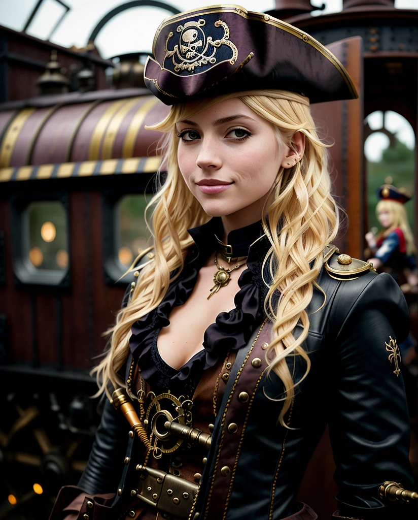 blond woman in pirate costume posing for a picture in front of a train, young girl in steampunk clothes, steampunk girl, wearing steampunk attire, female pirate captain, pirate queen, pirate woman, a steampunk beautiful goddess, steampunk fantasy style, steampunk, steampunk clothes, steampunk fantasy, pirate clothing, steampunk beautiful anime woman, steampunk style, imogen poots paladin