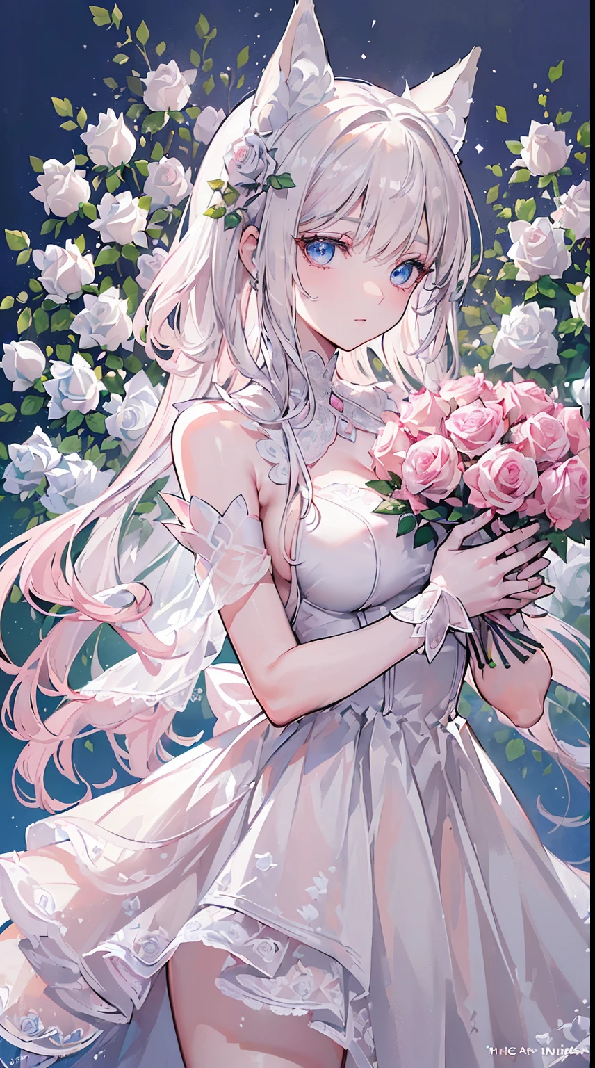 (((Masterpiece))), (((Highest quality))), ((Ultra-detailed)), ((Super fine illustration)), ((Ultra-fine painting)), (16K highest quality wallpaper:1.4), (Upper body:1.4), (Highly detailed and delicate illustration style:1.8), Detailed skin texture, Detailed cloth texture, Detailed rose flower texture, Detailed wood texture, Extreme detailed description, (T-masterpiece), (Highly detailed face:1.4), Original, RAW photo, Professional, Intricate details, Super details, Direct light:1.6, (Perfect anatomy:1.4), (Highly detailed hands:1.2), (Highly detailed fingers:1.2), (Highly detailed fingertips:1.2), (27-years-old), Real, (Solo:1.6), ((A very beautiful and attractive silver fox fashion model:1.4)) BRAKE (Beautiful and adorable silver fox ears:1.6), (Highly detailed and delicate silver fox ears:1.4), (Beautiful and well-shaped big breasts:1.2), (Beautiful and well-shaped buttocks), (Beautiful and shiny silver hair:1.6), (Highly detailed and delicate silver hair:1.4), (Beautiful clear blue eyes that shine with great detail:1.6), (Highly detailed and delicate blue eyes:1.2), (Highly detailed face:1.4), (Smile:1.4), (Looking at viewer:1.4), (Standing:1.4), (Celebration:1.4) BRAKE ((A beautiful and gorgeous princess dress that is detailed and delicate to be worn at celebratory occasions:1.4)) BRAKE ((Holding in both hands a large bouquet of highly detailed and delicate ((white and pink roses)):1.3)) BRAKE (Just after noon:1.4), (Celebration:1.4), ((Highly detailed and delicate white rose flower and pink rose flower garden background:1.4)), (Highly detailed and delicate royal palace courtyard background in just after noon in spring:1.4) BRAKE