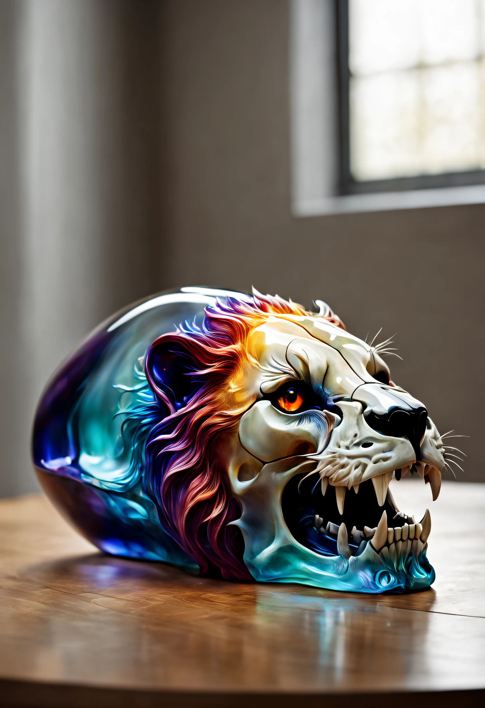 A realistic colored glass lion skull, beautiful and detailed. Which explodes when falling to the ground, the projections are textured like lot of colorful dreaming dust