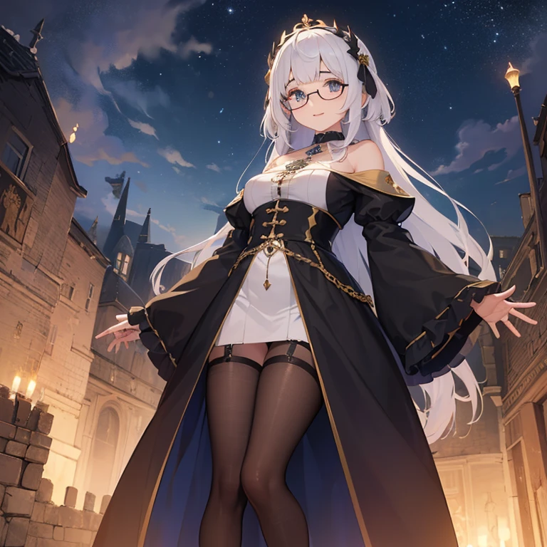 ((mulher com longos cabelos grisalhos com dois rabos de cavalo e olhos vermelhos))((rechonchudo)),((with round glasses, standing with legs open in the shape of an m)),((Segurando um livro)),(( De frente para o espectador)),((seios gigantes, seios nus, com uma roupa transparente)),((rosto sorridente)),((in a biblical story of a haunted castle, at night)),