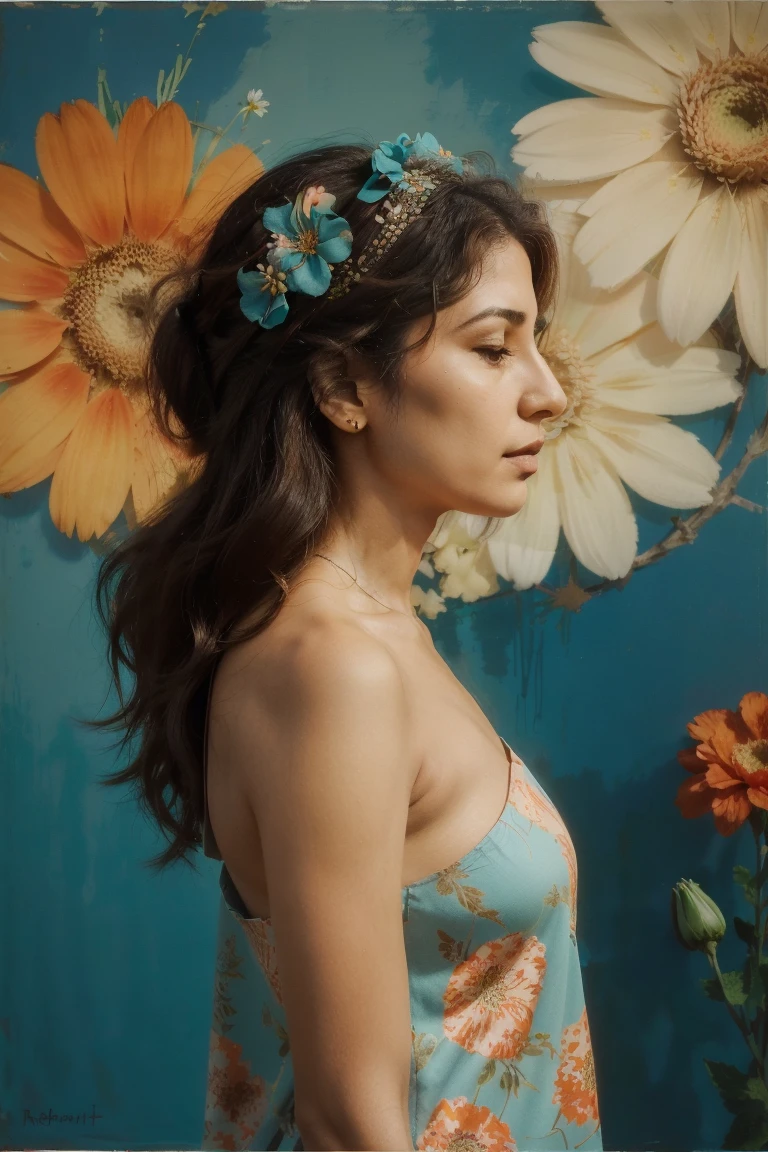 ((side view)) , Persian lady  , middle age , 50 yo , with flowers on her head , in the style of Robert Motherwell paintings ,  organic and naturalistic compositions, floral explosions, ,soft  light teal and orange , serene faces --ar 3:4 -