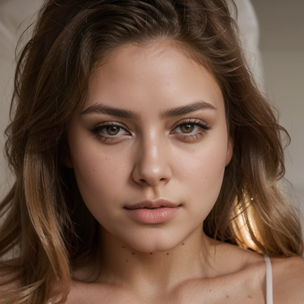 create a hyper realistic image of beautiful woman sitting on bed gazing into nothingness , up close, stunning beauty , low make up, blonde hair, brown eyes, cute lips, wearing night robe, sharp focus, high detailed, 8k, beautiful young 19 years old female, detailed gorgeous face, ultra realistic, cinematic lighting, ultra detailed, insanely detailed hair, busty! , olive skin, wet luscious lips, beautiful bone structure, wide angle, 120mm, closeup, product view, soft illumination, taken by canon, f/1.8, high quality,