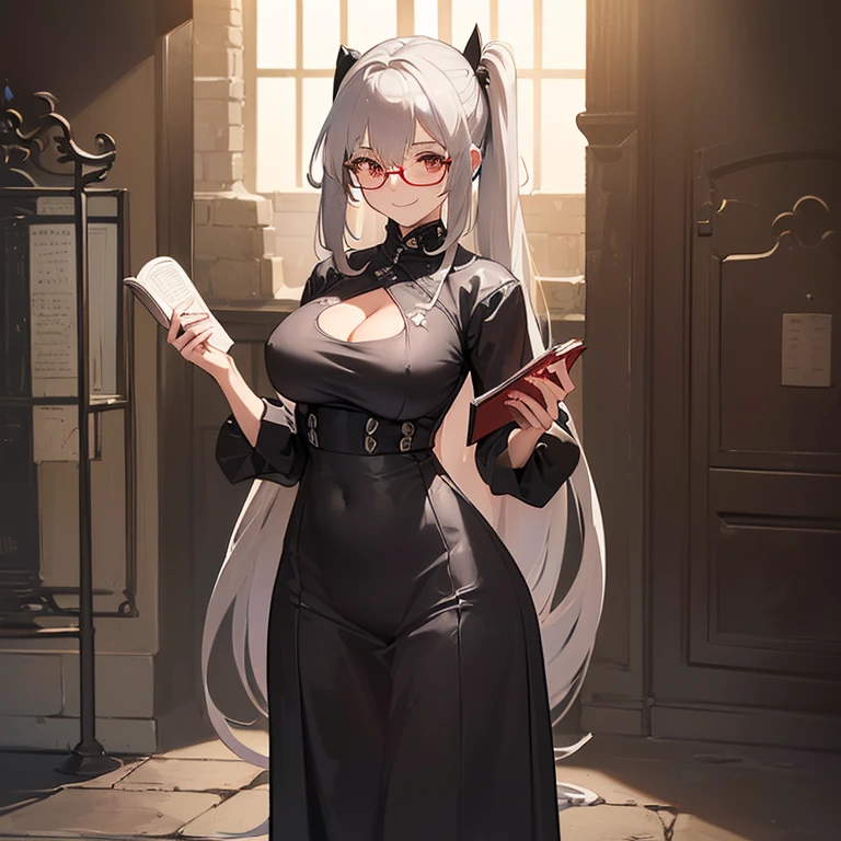 ((woman with long gray hair with two ponytails and red eyes))((chubby)),((with round glasses, standing with legs open in the form m)),((holding a book)),(( facing the spectator)),((giant breasts, naked breasts, with a transparent outfit)),((smiling face)),((in a biblical story of a haunted castle, at night)),