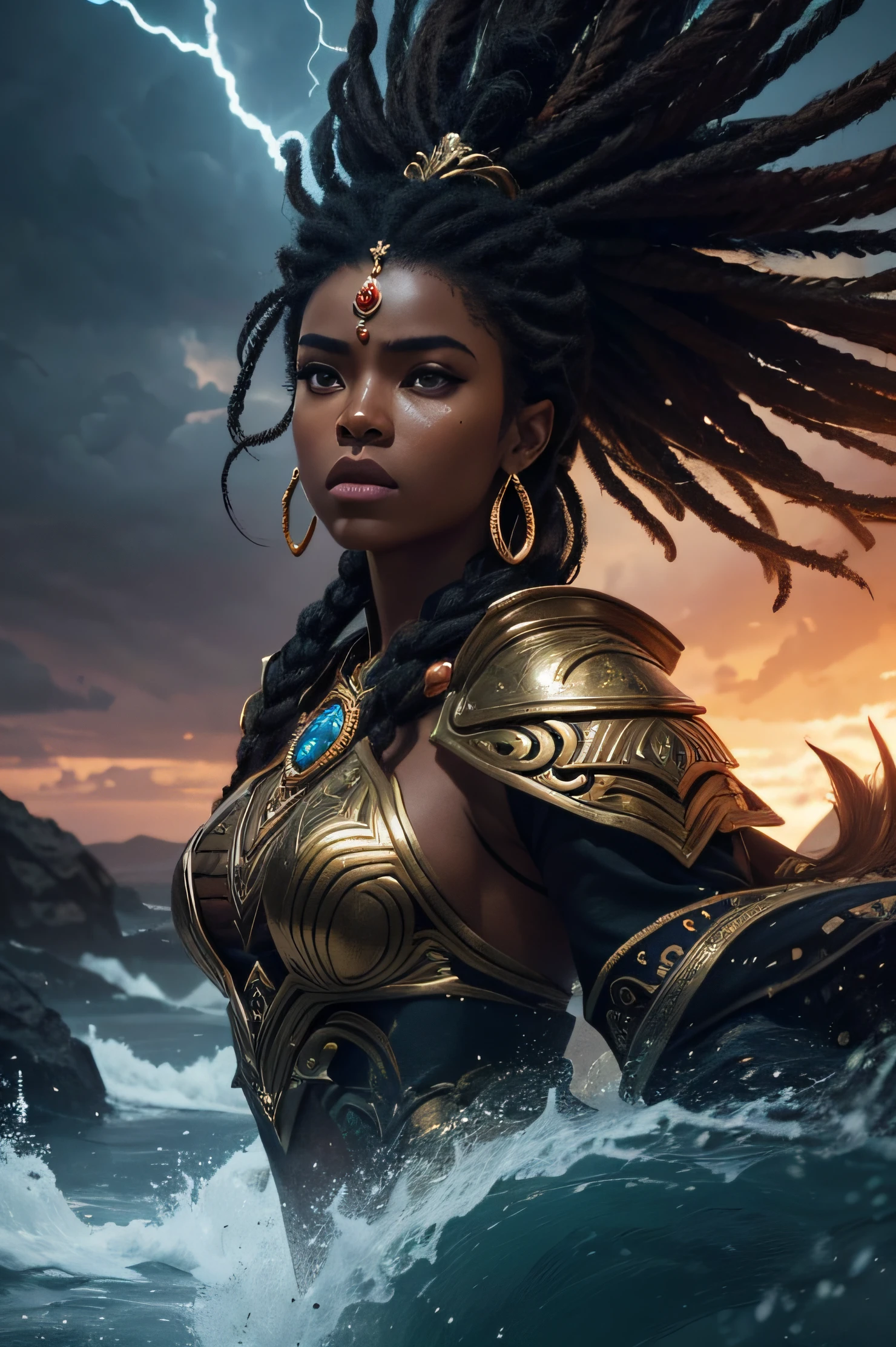 african goddess, heterochromia eyes, really curly hair, dark skin, sparkling eyes, Static Shot, Full Body, (Disgust Wrinkled Nose Raised Upper Lip Narrowed Eyes:0.7), ( seascapes, Exploration Themes, Shadow Dimension Location1.0) (Masterpiece, Hypermaximalist, Maximalism, Best Quality, 8k, Highres, Absurdres, 4k, High Quality, Ultra High Res, Highest Quality, Ultra Detailed, 8k Uhd, Realistic, Highly Detailed, Ultra-Detailed:1.0), (Cinematic Lighting, Hdr, Raw Photo, Sharp Focus, Photorealistic, Realistic:1.0), (Triangle shaped face, Angular Face Features, Sharp Defined Chiseled Jawline, Pointed Nose, High Forehead,:1.2), (Beautiful Face, Detailed Face, Beautiful Eyes, Detailed Eyes, Beautiful Detailed Eyes:1.0), Sniper wearing Medium Stud leather armor, jiggly fat round belly voluptuous body