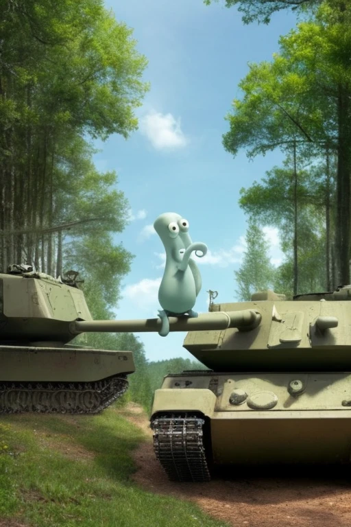 Squidward from SpongeBob in military gear with a rifle in a forest with a tank in the background