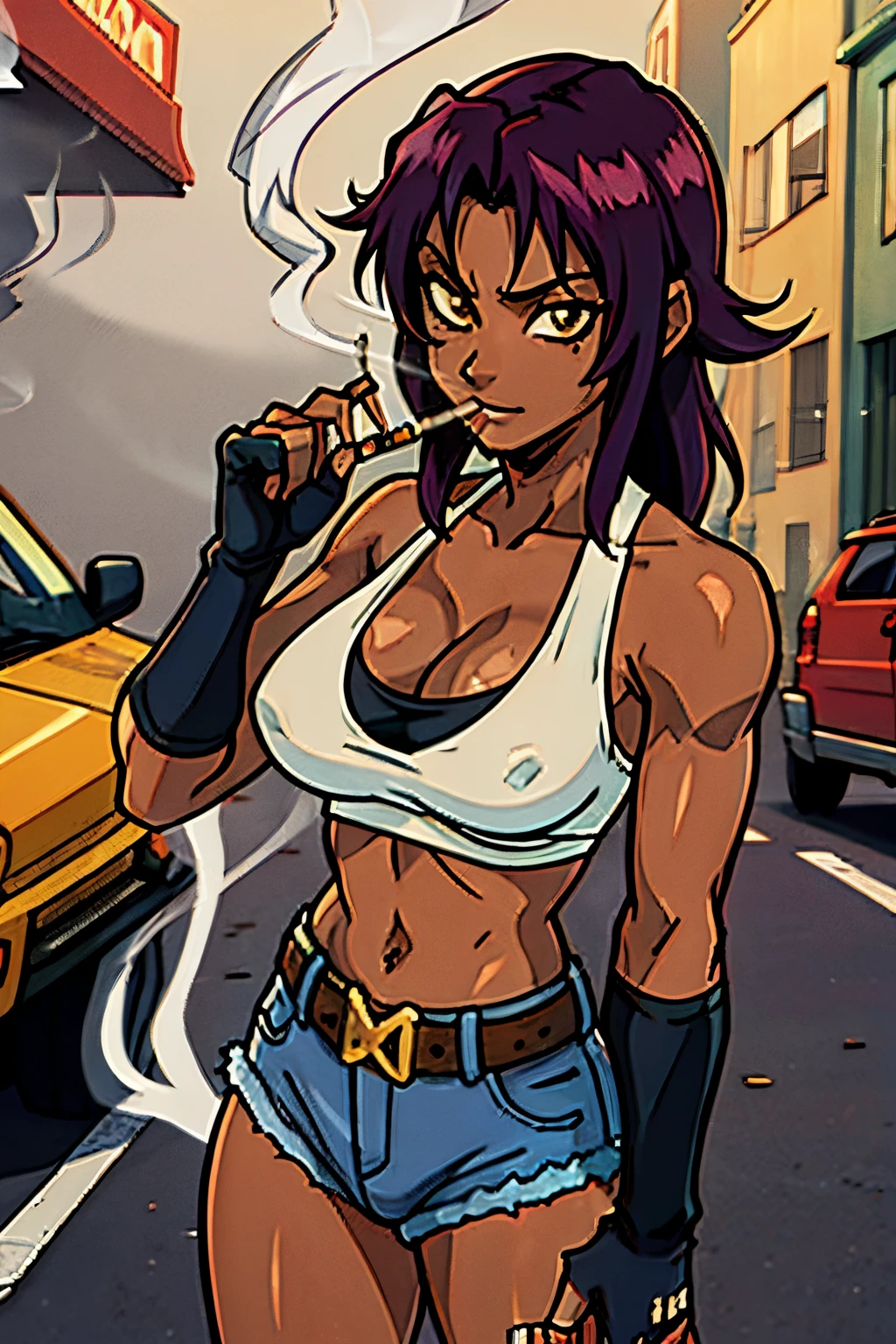 revy, yoruichi, dark skin, arm tattoo, masterpiece, best quality, absurdres, 1girl, big breast, big chested, looking at viewer, standing, outdoors, street, cowboy shot, fingerless gloves, belt, cigarette, (smoking:1.5)