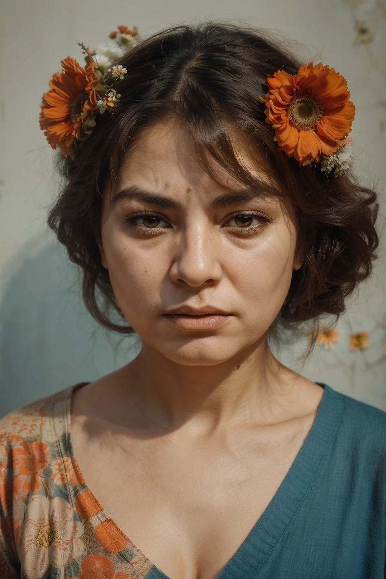 ((front view)) ,((open eyes)) , ((angry face)) , Persian lady , middle age , 50 yo , with flowers on her head , in the style of Robert Motherwell paintings , organic and naturalistic compositions, floral explosions, ,soft light teal and orange , serene faces --ar 3:4 -