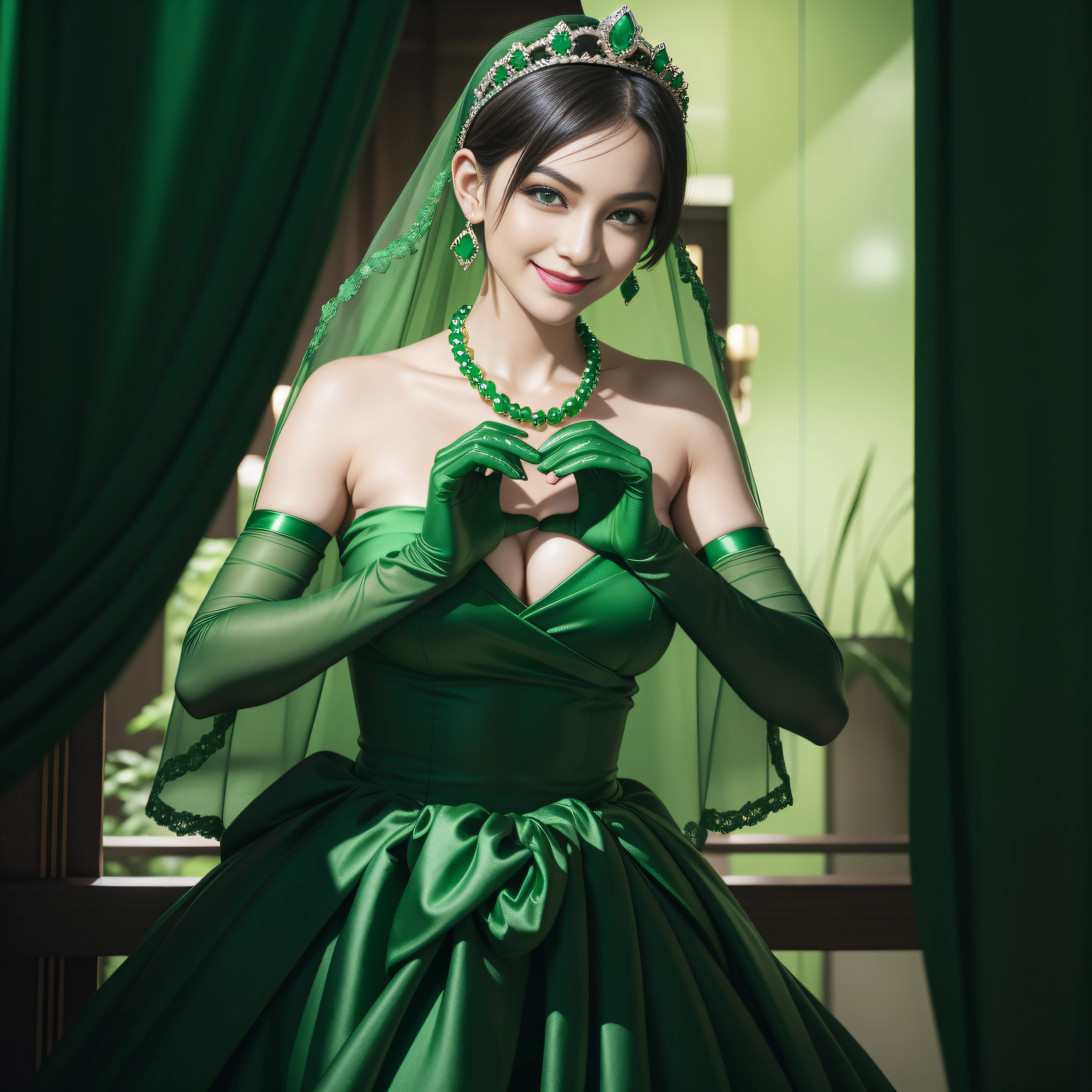 emerald tiara, Green Pearl Necklace, Boyish very short green hair, lipsticks, Japan woman smiling, very short short hair, big breasts beautiful, Green eyes, Long green gloves made of satin material, Green eyes, Emerald Earrings, green vale, Heart with both hands