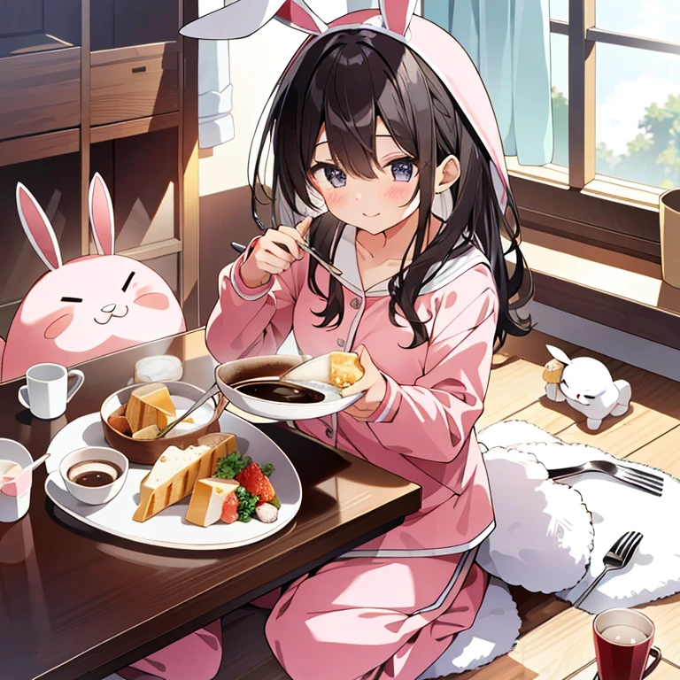 A junior high school girl who feeds me breakfast、Rabbit costume pajamas、coffee、Pink Girl's Room、Kotatsu、spoons