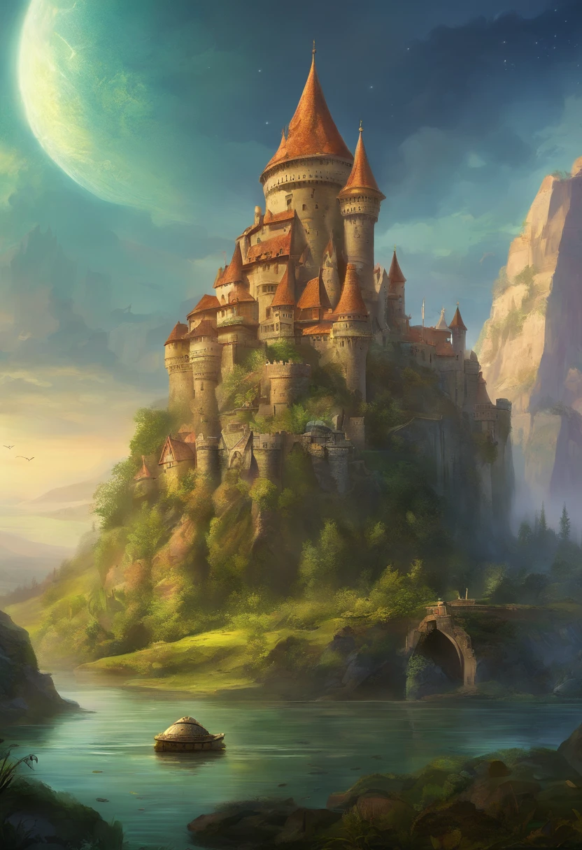 a long shot picture of an epic sized turtle (best details, Masterpiece, best quality: 1.4) having a fantasy castle (built on the back of the turtle: 1.5), rolling hills, fantasy castle with (turrets: 1.1), (towers:1.1), (bridges:1.2), (barbican:1.1), green rolling hills background, epic sized turtle as the castle base, (castle on the turtle:1.3) huge epic sized turtle carrying the castle, Photorealistic, 16k, RAW, award winning, (best detailed: 1.5), masterpiece, best quality, (ultra detailed), full body, ultra wide shot,