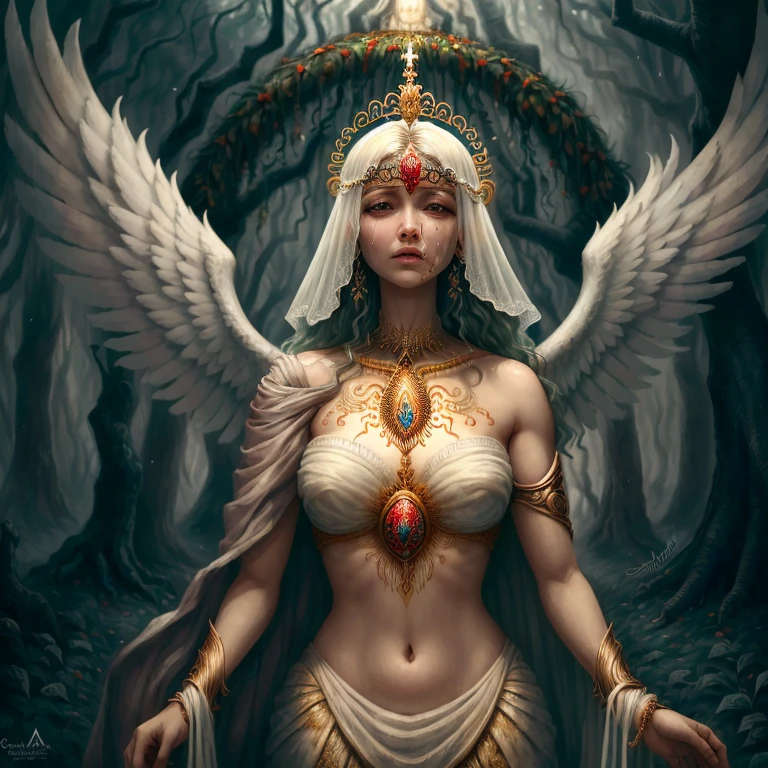 anjo chorando sangue com asas usando uma capa preta, roupa preta, terror, sobretudo, parado no meio de uma floresta, be angelicarchangel,the angel of death with a halo, Thoth, visionary art, angel spirit guide, Orientalismo sombrio e sombria. Arte digital sombria. Terror. Cinematography, floresta escura. Arte com tons pretos. Arte escura