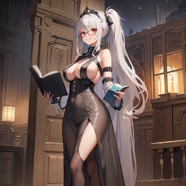 ((woman with long gray hair with two ponytails and red eyes))((chubby)),((with round glasses, standing with legs open in the form m)),((holding a book)),(( facing the spectator)),((giant breasts, naked breasts, with a transparent outfit)),((smiling face)),((in a biblical story of a haunted castle, at night)),