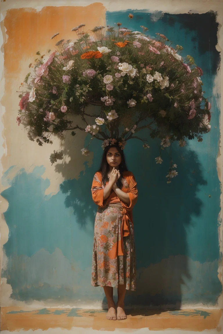 ((front view)) ,((open eyes)) , ((angry face)) ,((full body)) Persian lady , middle age , 50 yo , with flowers on her head , in the style of Robert Motherwell paintings , organic and naturalistic compositions, floral explosions, ,soft light teal and orange , serene faces --ar 3:4 -