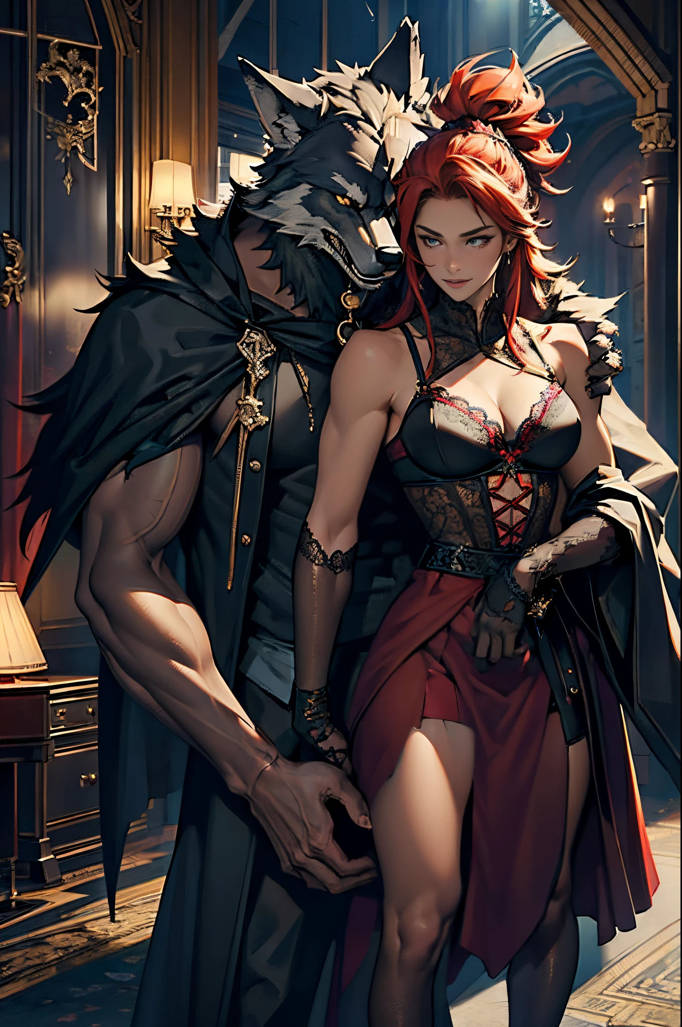 Depicts a powerful werewolf hugging a blonde girl，(((black humanoid wolf)))，(((Black furry humanoid wolf)))，(((beautiful sexy girl)))，(((Girls wear：red head band, cloaks, Large bra, a skirt, red long skirt，laced dress)))，((Sexual suggestiveness))，Correct anatomy，Detailed faces, 詳細な目，(((the right proportions)))，The city at night，The lights came on，romantic love story，Warm pictures，warm color palette，photorealestic，Ultra photo realsisim，