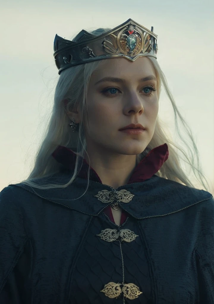 Woman with long white hair and blue eyes with a crown on her head and next to her dragon