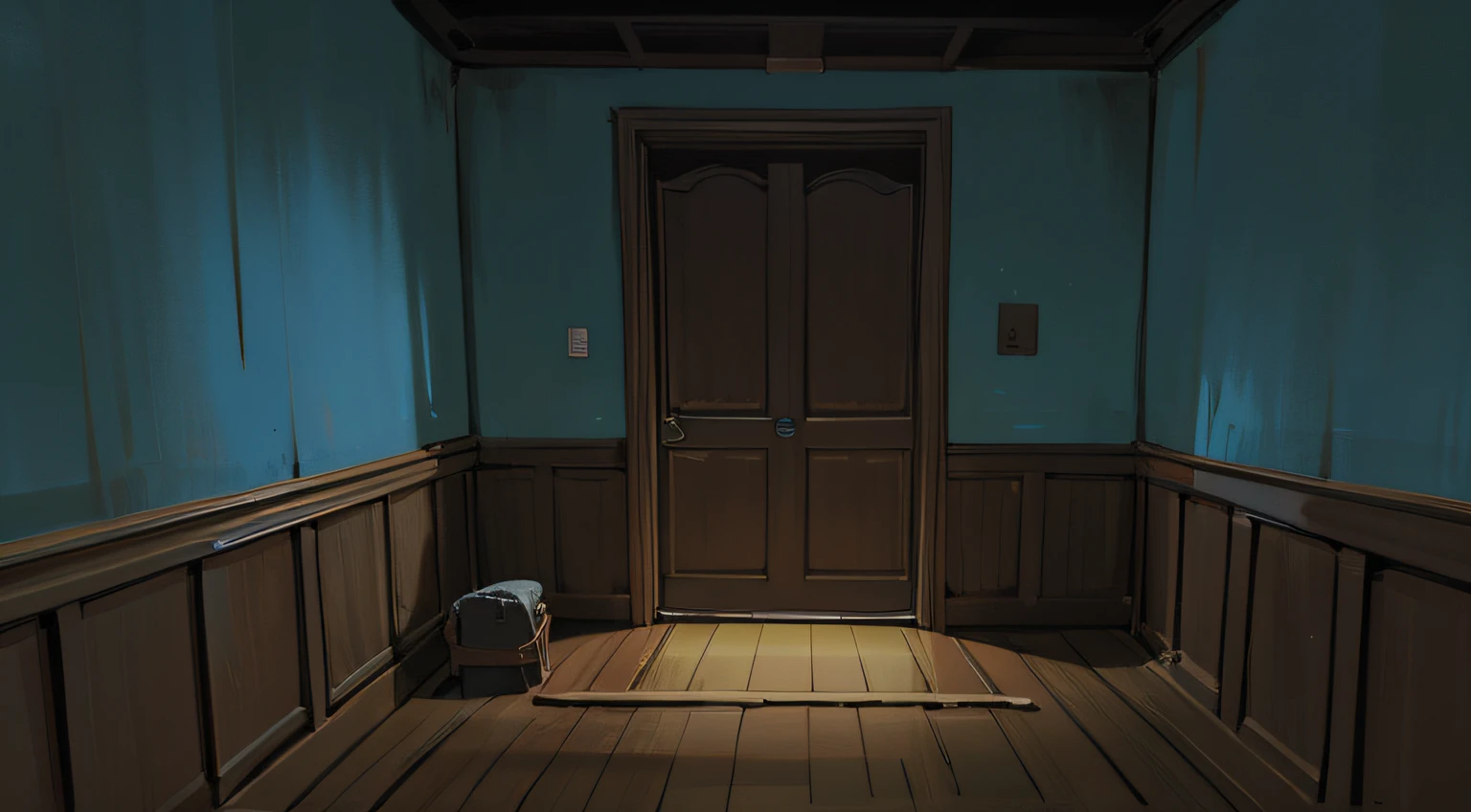 um quarto mostrando parede e uma porta, poucos detalhes, dark lighting, de noite
