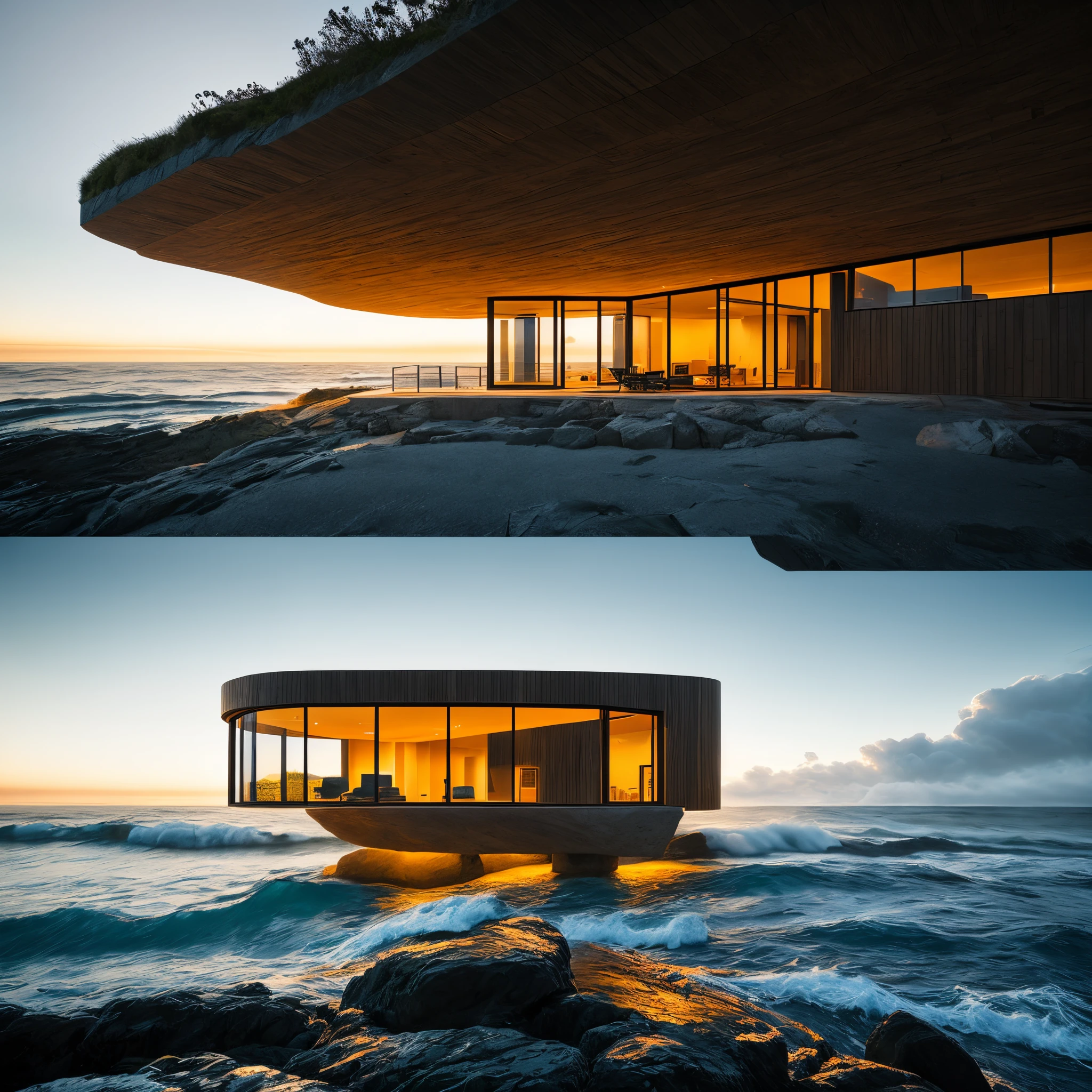 A Biomorphic Haus stands on the edge of a wild sea, surrounded by crashing waves and swirling mist. The house is made of organic materials, with curves and flowing lines mimicking the shapes of nature. The sea is immense and powerful, with deep blue and emerald tones reflecting the sunlight. The waves crash against the rocky shore, creating a symphony of sound and spray. The sky above is filled with dramatic clouds, casting shadows on the landscape below. The house is bathed in soft, warm light, highlighting its intricate details and textures. The windows of the house offer breathtaking views of the sea, creating a sense of connection between the inhabitants and the natural world. The overall scene is rendered in the best quality, with incredible attention to detail, capturing every minute element of the landscape and the house. The colors are vivid and realistic, enhancing the sense of immersion in this bioluminescent dream.