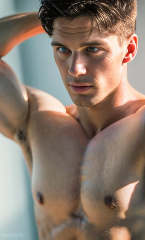 (8K, RAW photo, Highest quality),Realistic,2 handsome men，frontage，Intricate details，Extremely detailed eyes and eyelashes，Muscular male,Manly,Night sky,Soft lighting,Cinematic lighting,Portrait,Close-up,Lovingly，Exposing the pectoral muscles,Photo of black and blue eyes white gay male model, Blue eyes, Stand in front of a gray background, Sports panties, 22 years old, Lean, beefy, Short hair, Digital SLR, hyper qualit, Fujifilm XT3, Crystal clear, 8K UHD, High detail, Ultra photo realsisim, haar, Pubic hair, ((Realistic skin), ((pores)), ((highdetailskin)), volumettic light, groin, far,sexy underwear