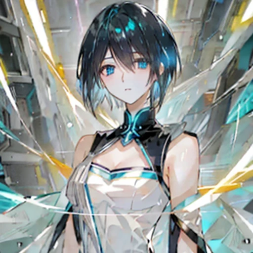 phosphophyllite, phos, Short_hair, _hair, shiny_hair, portraitures, hali々And, robe, intricate and detailed, cyberpunked, Splash Screen, swirling background、neon color、big breasts、Depressed