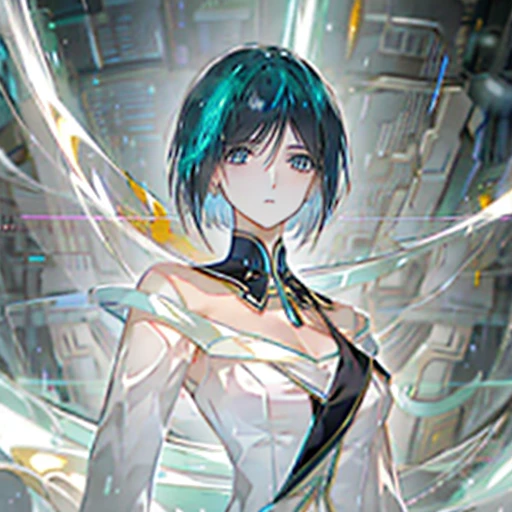 phosphophyllite, phos, Short_hair, _hair, shiny_hair, portraitures, hali々And, robe, intricate and detailed, cyberpunked, Splash Screen, swirling background、neon color、big breasts、Depressed