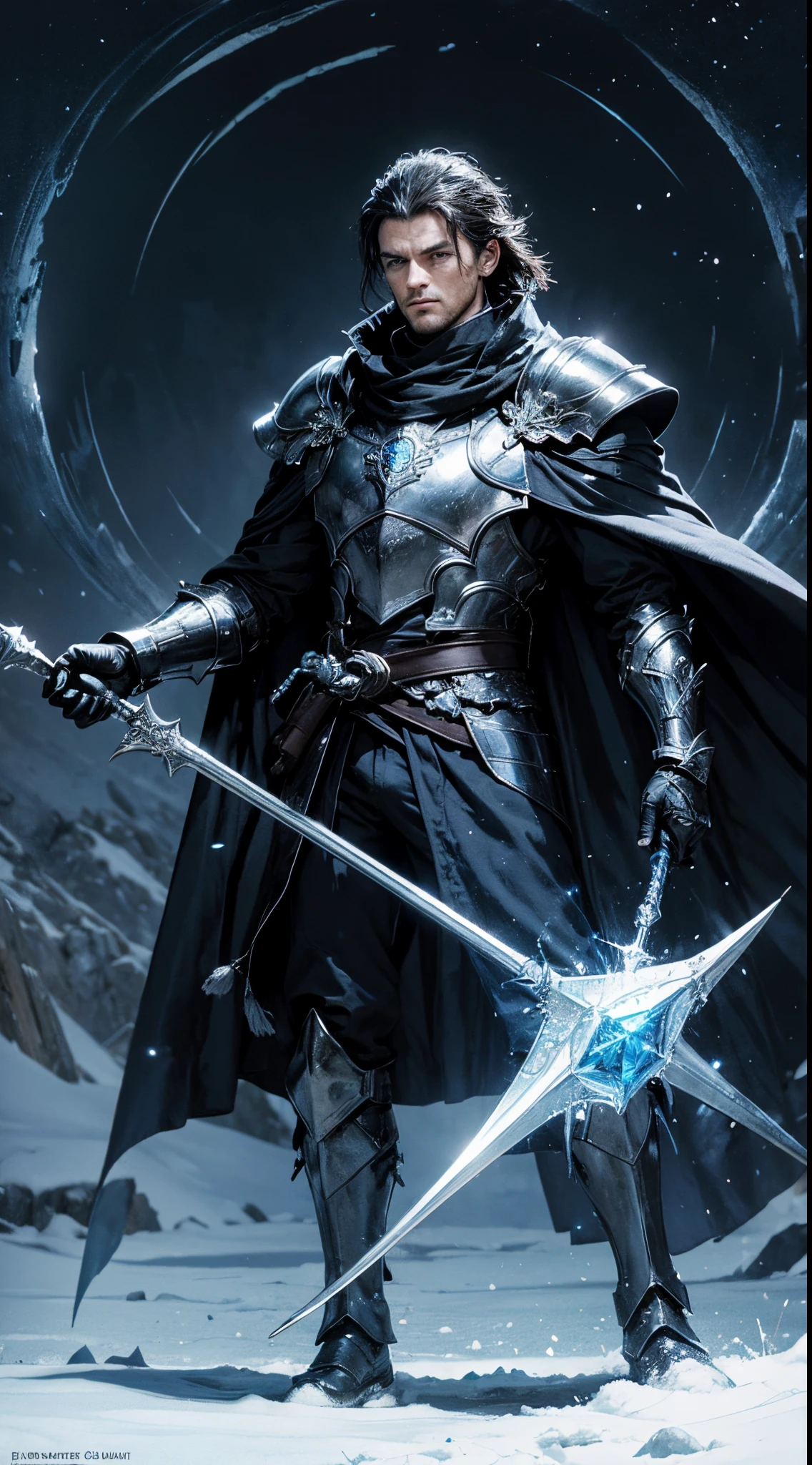 (image haute qualité 8K meilleure qualité). un homme de dos qui porte une armure Chevalier ténébreux noir avec une cape noire, deuxième plan un dragon glacial avec des écailles blancs en neige terrifiant ténébreux effrayant cruel avec un regard perçant des yeux bleus cristal