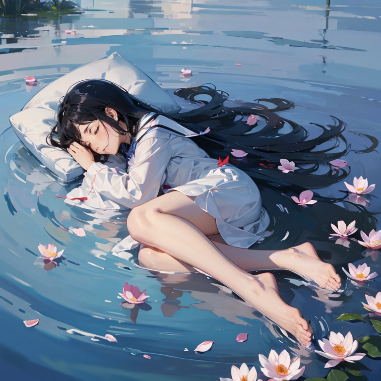 bed floating on the lake、Woman sleeping in bed、submersion、hair gets wet、Almost full body、petals floating on water
