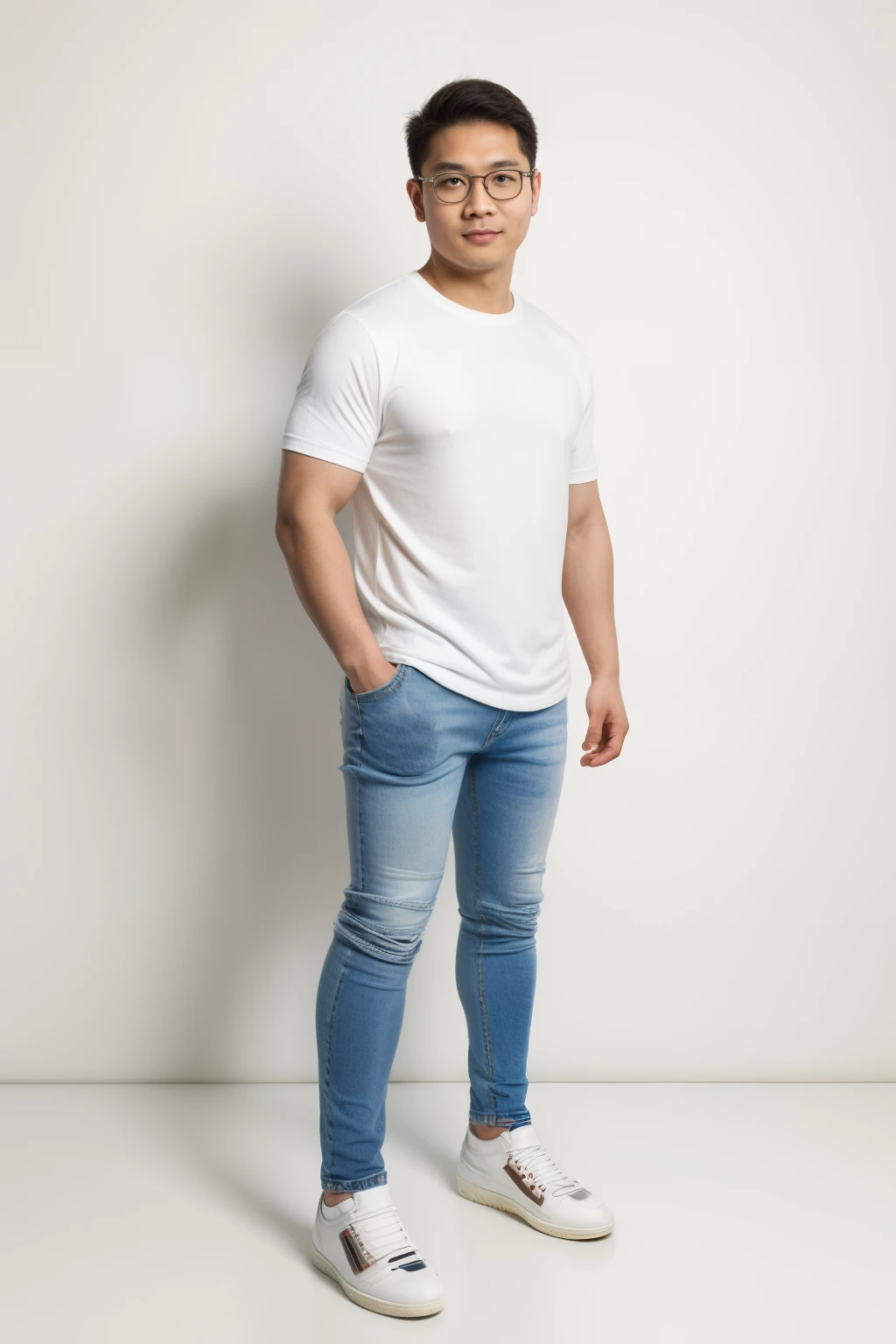Andrew thomas huang, oval face, eyeglasses, neat muscular, (((white shirt, jeans, sneakers))), standing, photo shot, white background, full body